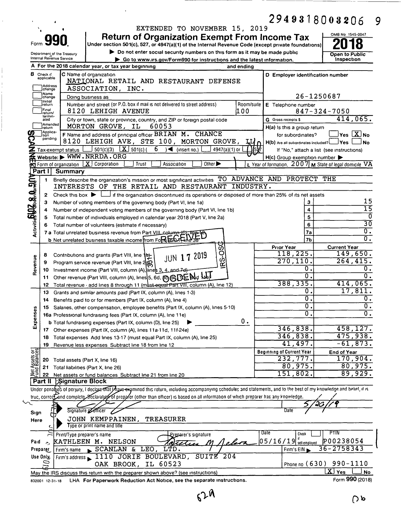 Image of first page of 2018 Form 990O for National Retail and Restaurant Defense Association (NRRDA)