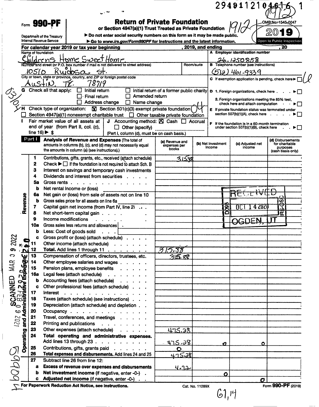 Image of first page of 2019 Form 990PF for Childrens Home Sweet Home