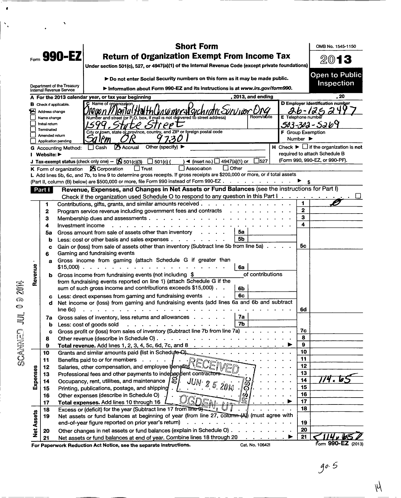 Image of first page of 2013 Form 990EZ for Oregon Mental Health Consumer and Psychiatric Survivor Coalition