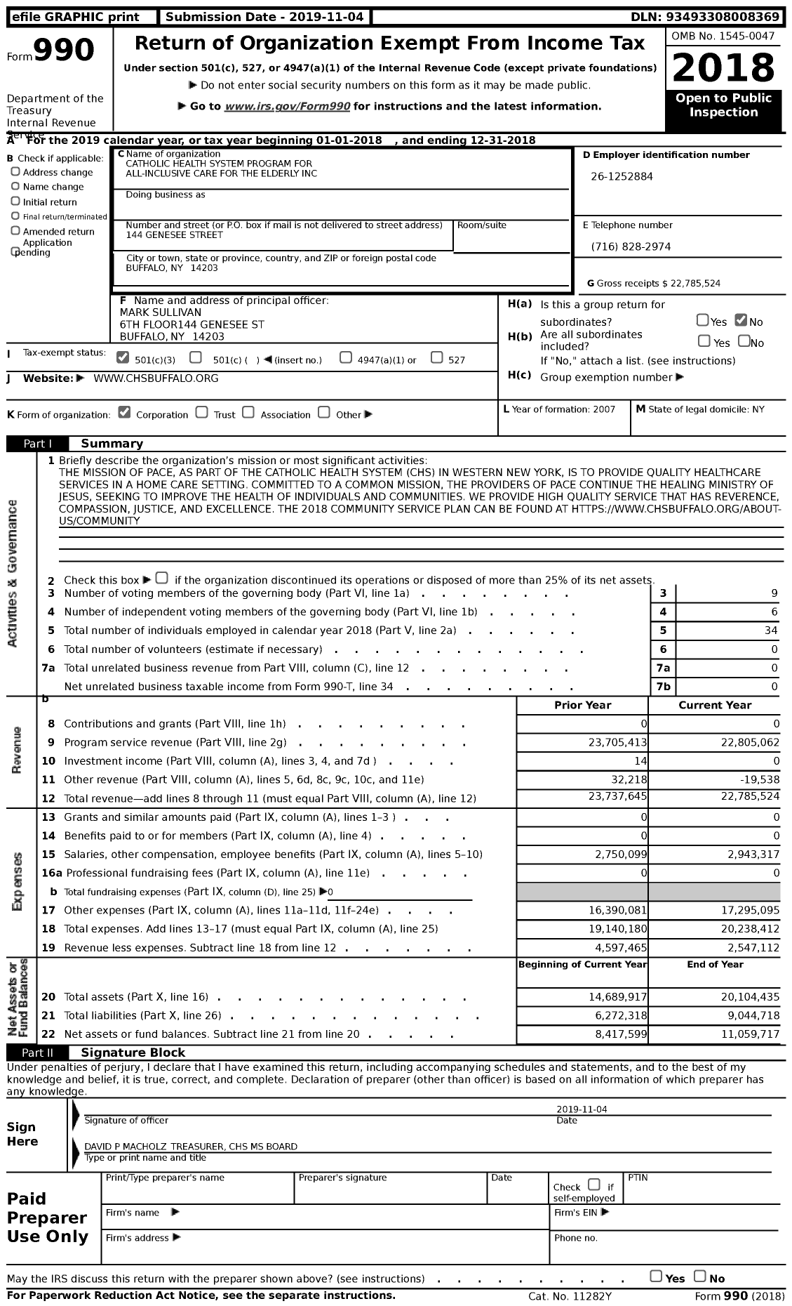 Image of first page of 2018 Form 990 for Catholic Health System Program of All Inclusive Care for the Elderly