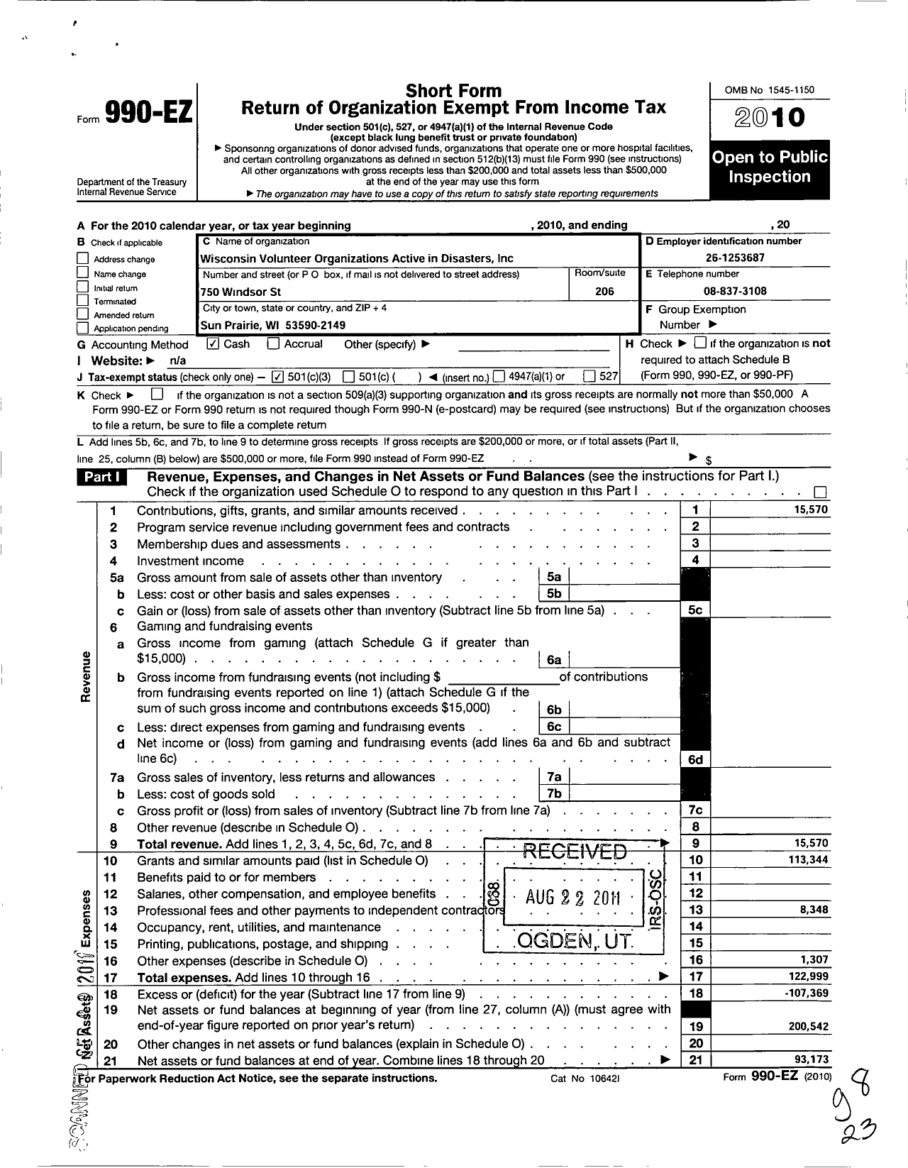 Image of first page of 2010 Form 990EZ for Wisconsin Volunteer Organizations Active in Disasters