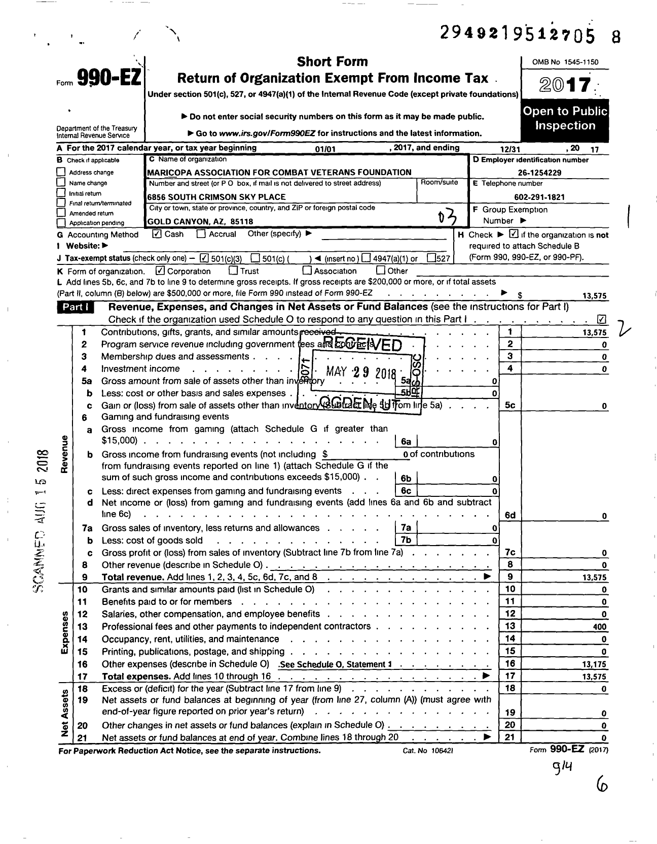 Image of first page of 2017 Form 990EZ for Mancopa Association for Combat Veterans Foundation