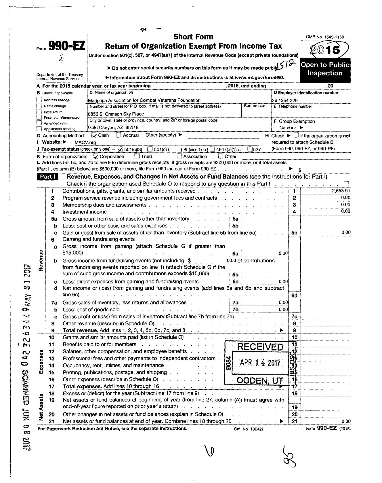 Image of first page of 2015 Form 990EZ for Mancopa Association for Combat Veterans Foundation