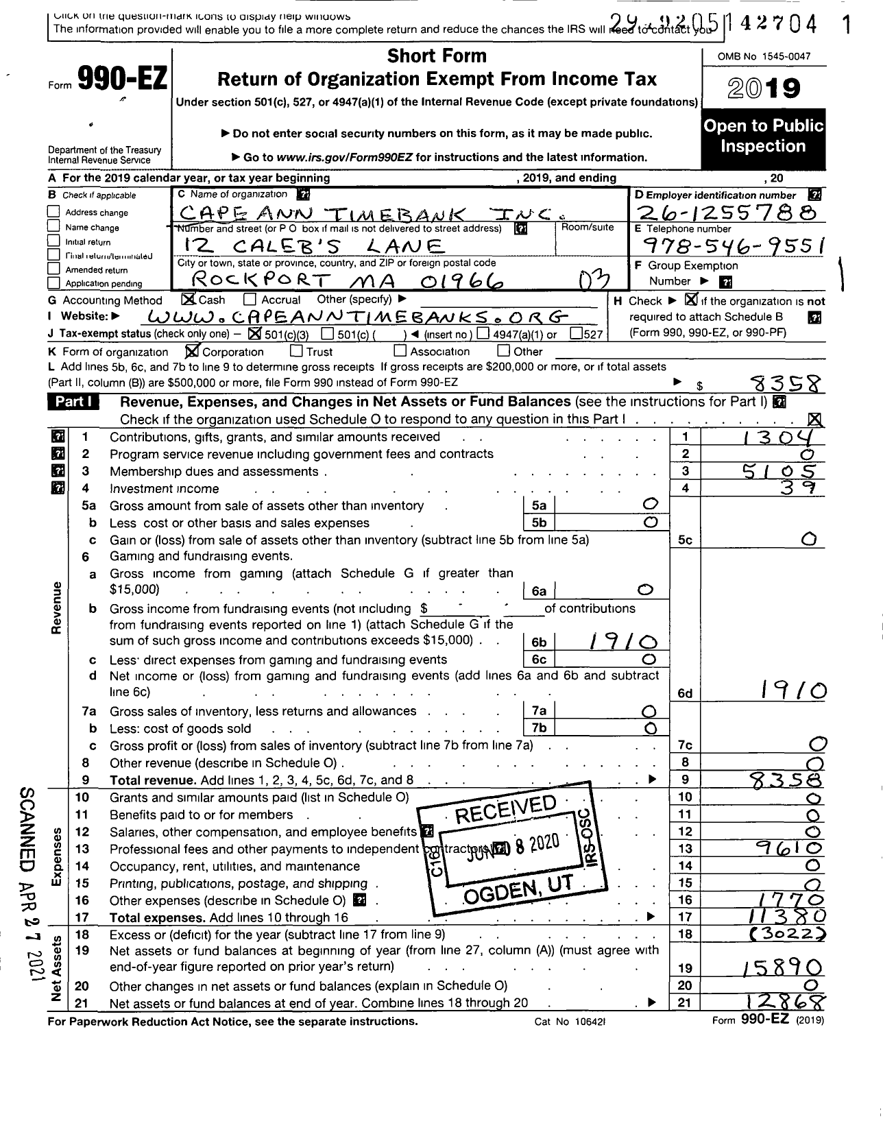 Image of first page of 2019 Form 990EZ for Cape Ann Timebank