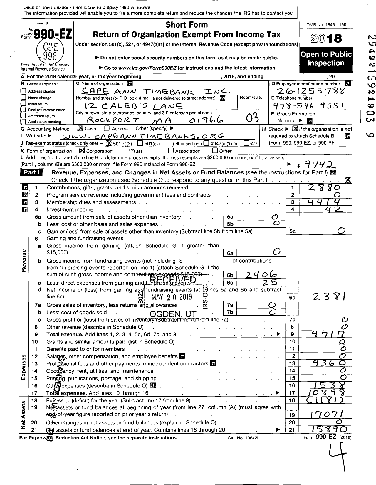 Image of first page of 2018 Form 990EZ for Cape Ann Timebank