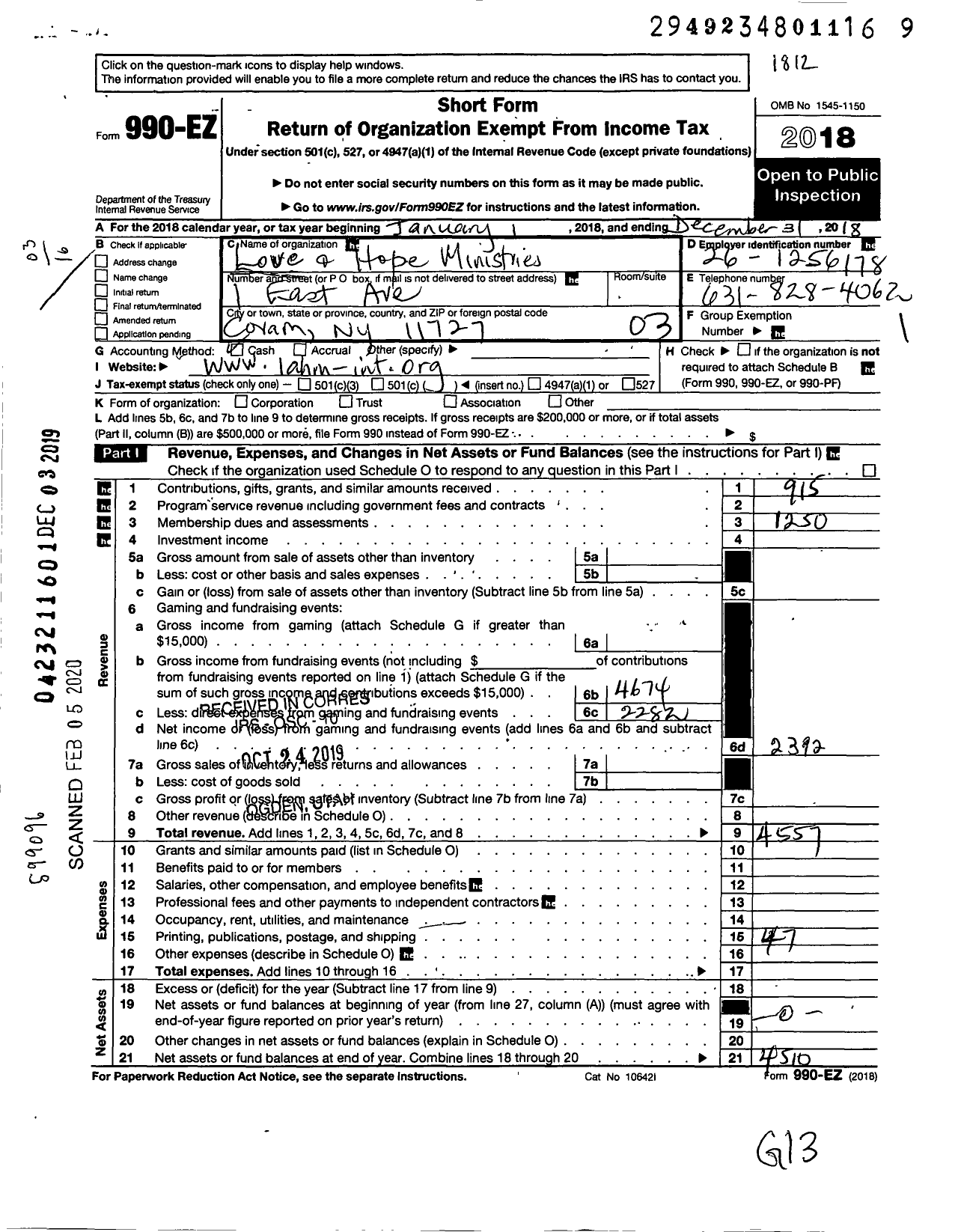 Image of first page of 2018 Form 990EZ for Love and Hope Ministries International Lahm