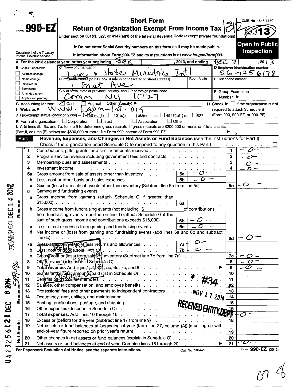 Image of first page of 2013 Form 990EZ for Love and Hope Ministries International Lahm