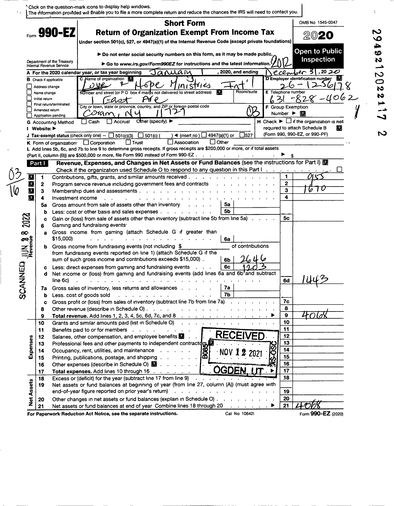 Image of first page of 2020 Form 990EZ for Love and Hope Ministries International Lahm