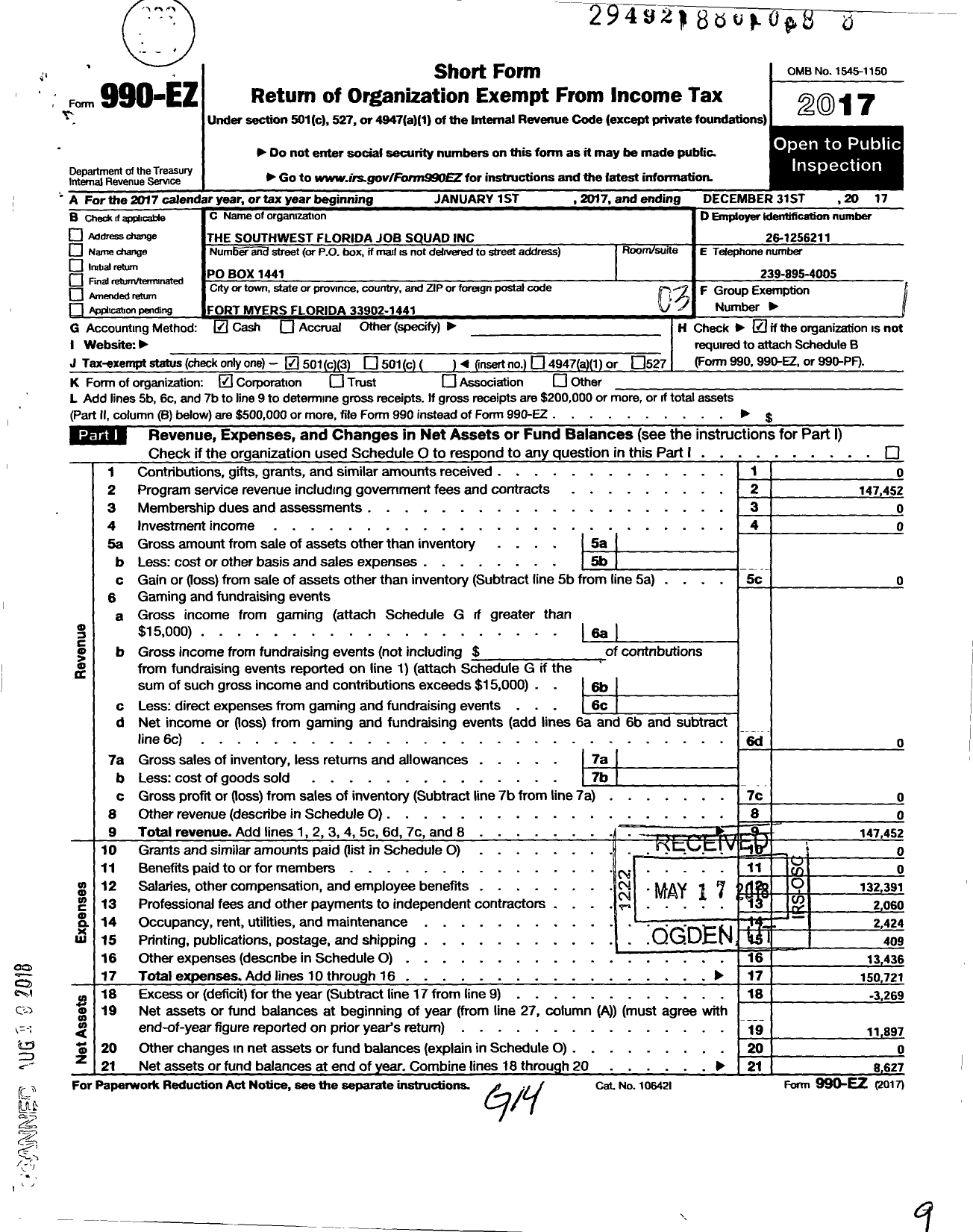 Image of first page of 2017 Form 990EZ for Southwest Florida Job Squad