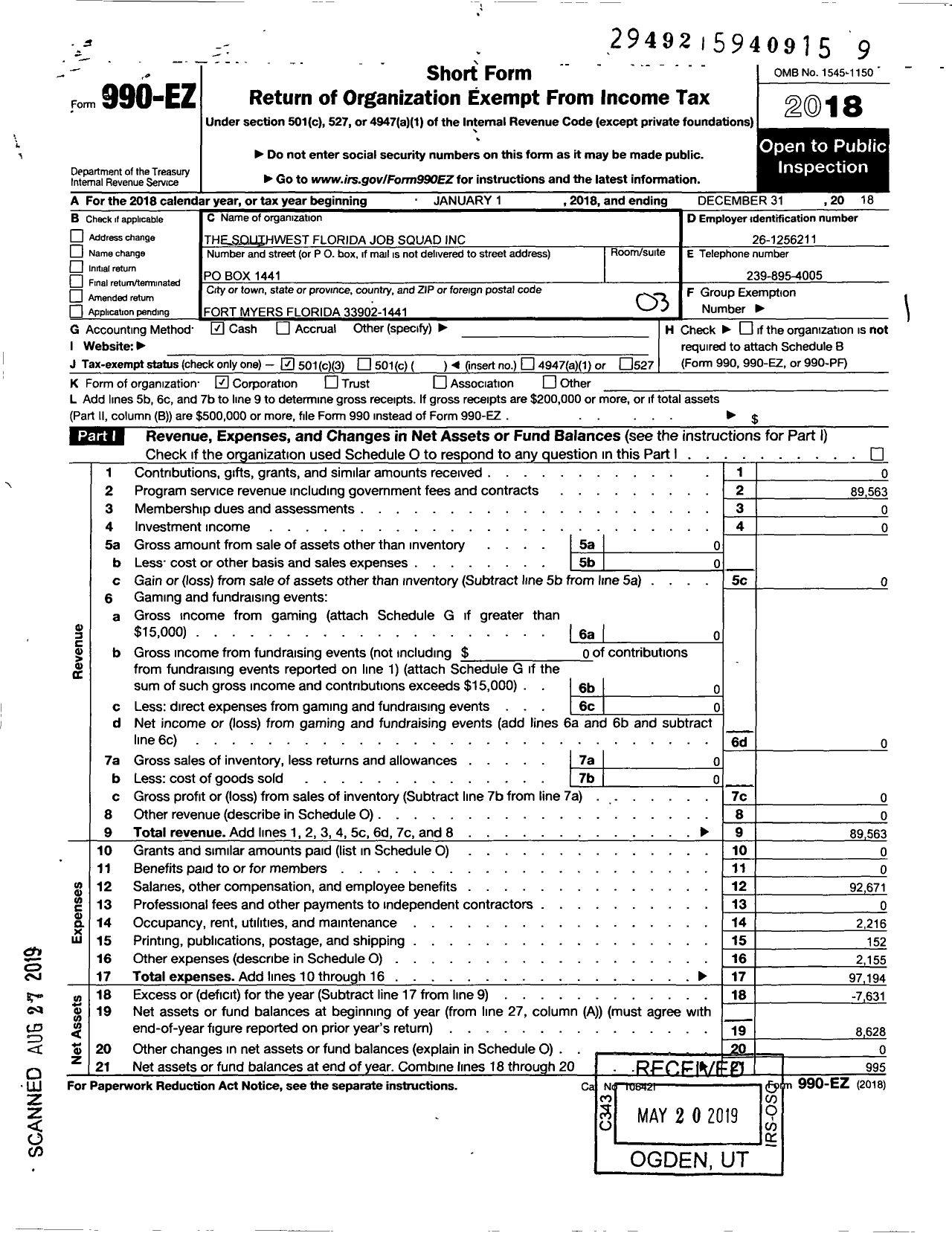 Image of first page of 2018 Form 990EZ for Southwest Florida Job Squad