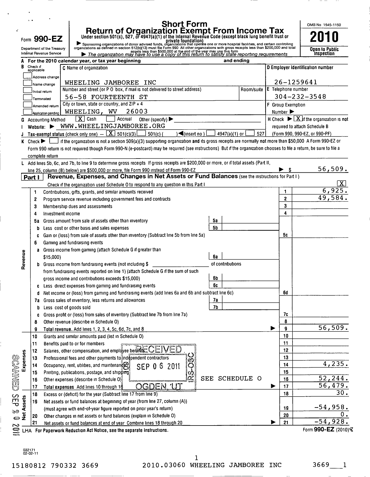 Image of first page of 2010 Form 990EZ for Wheeling Jamboree