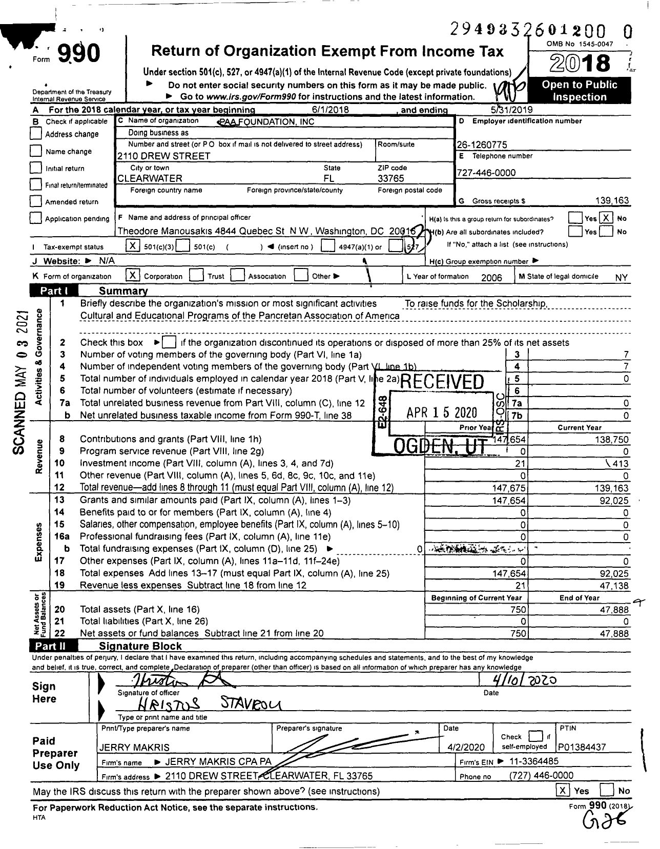 Image of first page of 2018 Form 990 for Paa Foundation