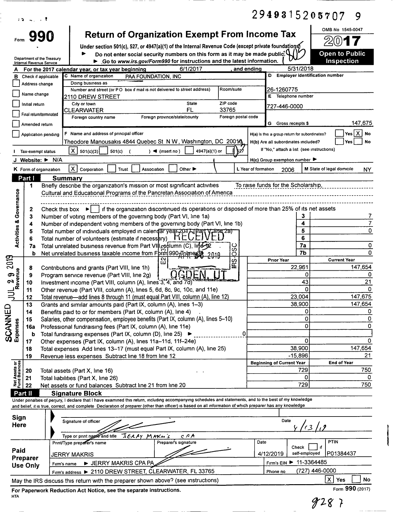 Image of first page of 2017 Form 990 for Paa Foundation