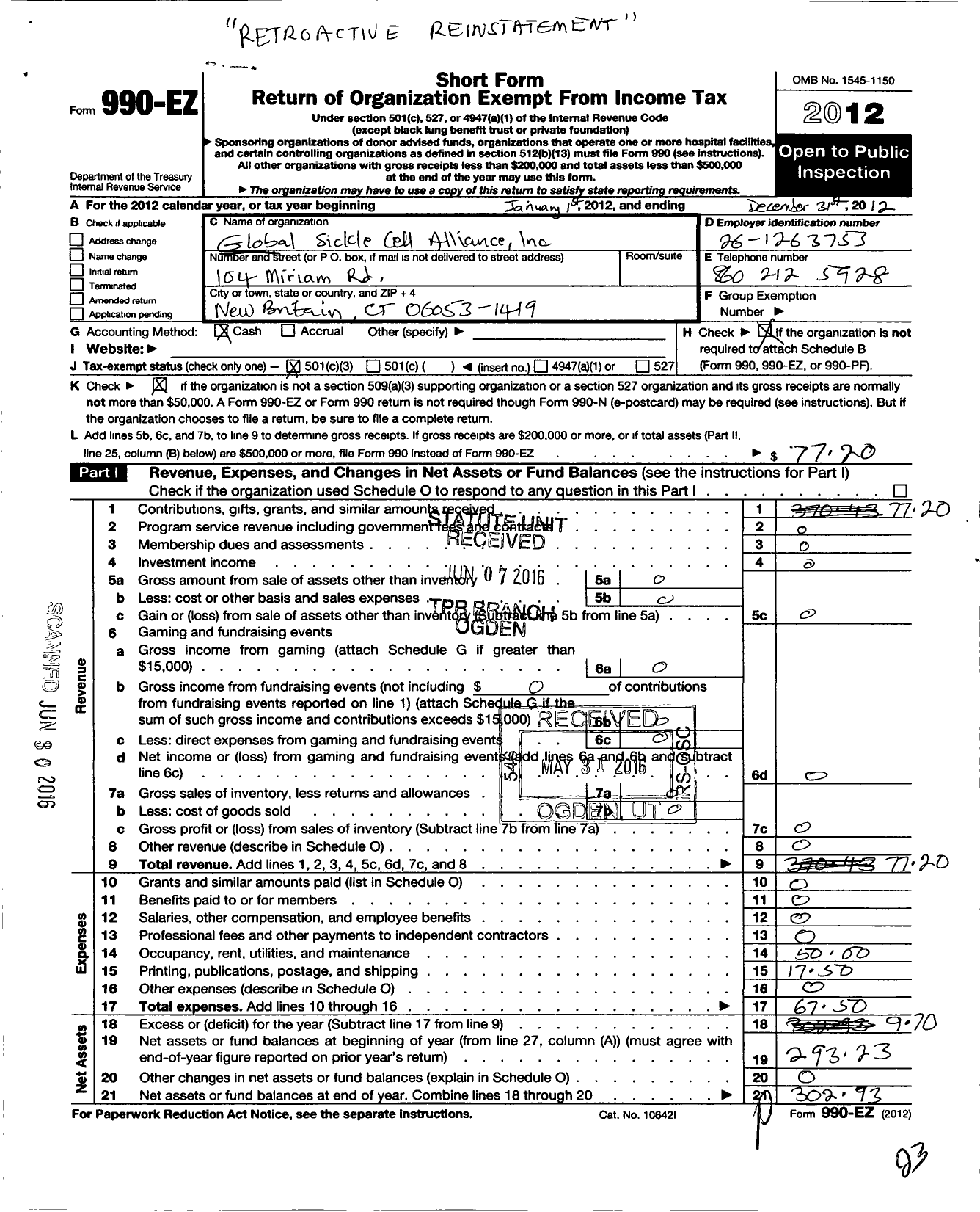 Image of first page of 2012 Form 990EZ for Global Sickle Cell Alliance