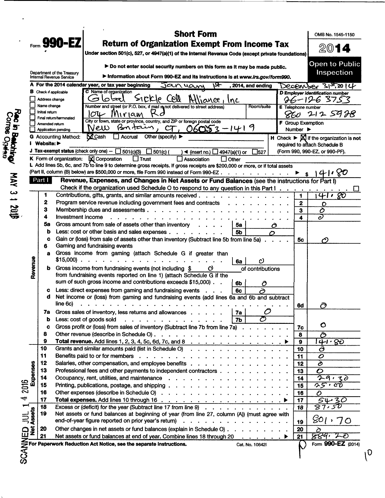 Image of first page of 2014 Form 990EO for Global Sickle Cell Alliance