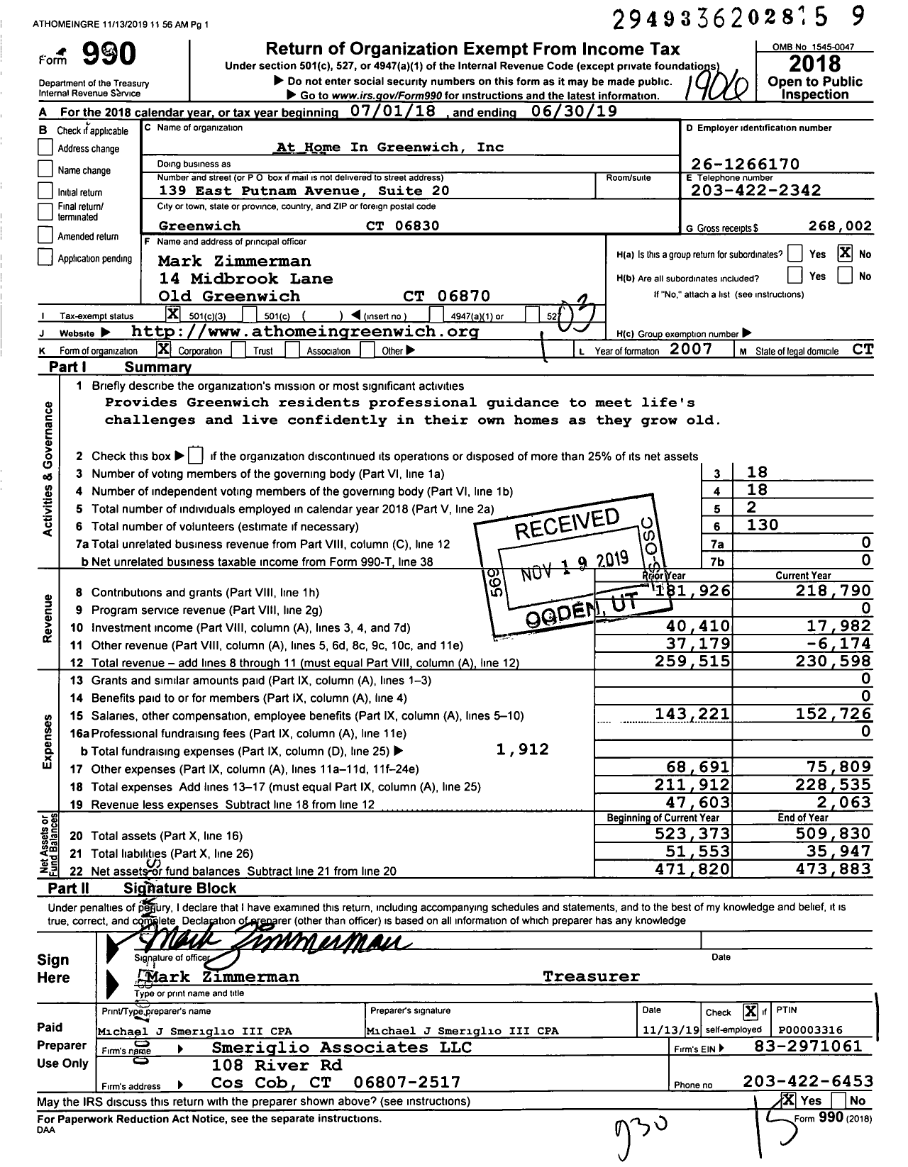 Image of first page of 2018 Form 990 for At Home in Greenwich