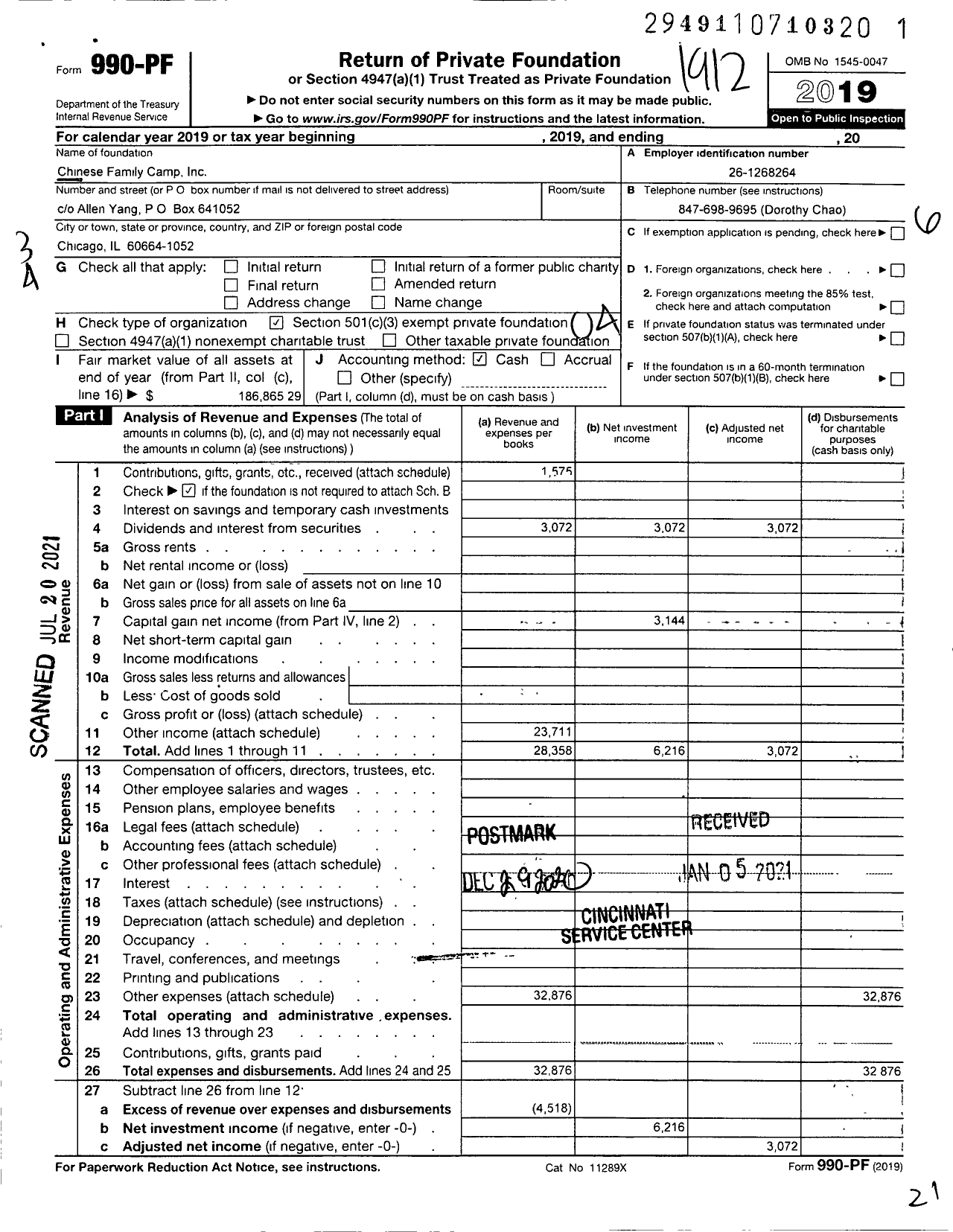 Image of first page of 2019 Form 990PF for Chinese Family Camp