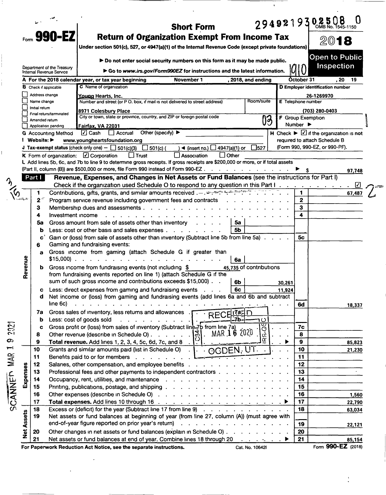 Image of first page of 2018 Form 990EZ for Young Hearts