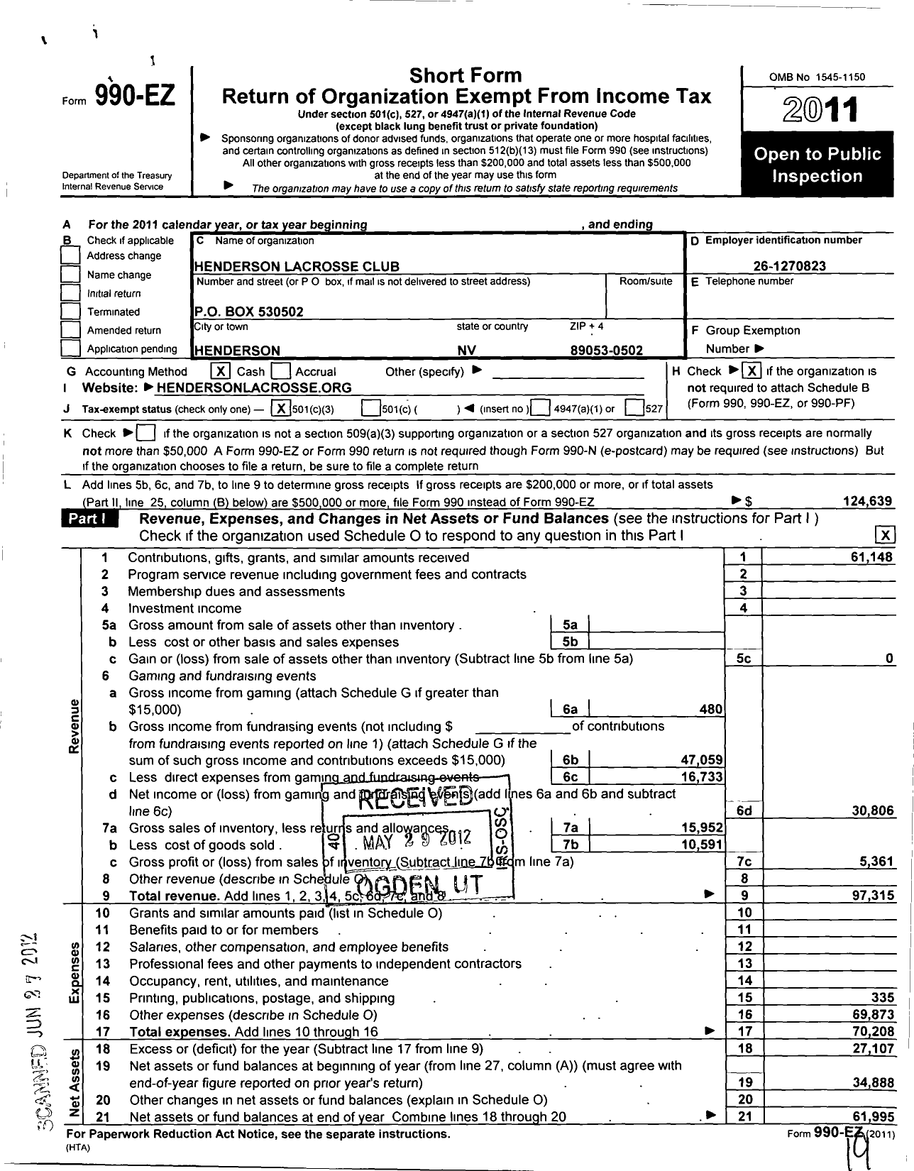 Image of first page of 2011 Form 990EZ for Henderson Lacrosse Club