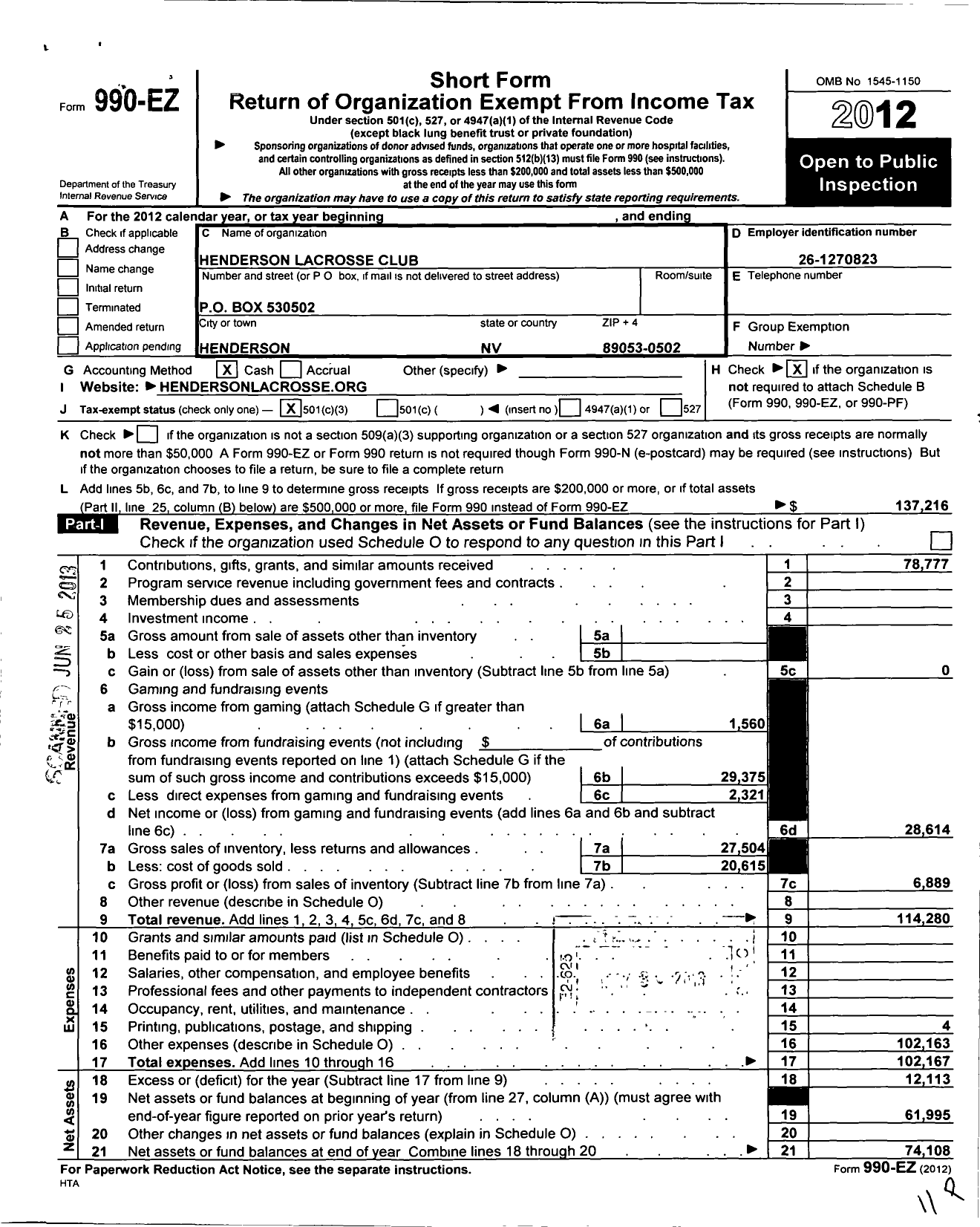 Image of first page of 2012 Form 990EZ for Henderson Lacrosse Club