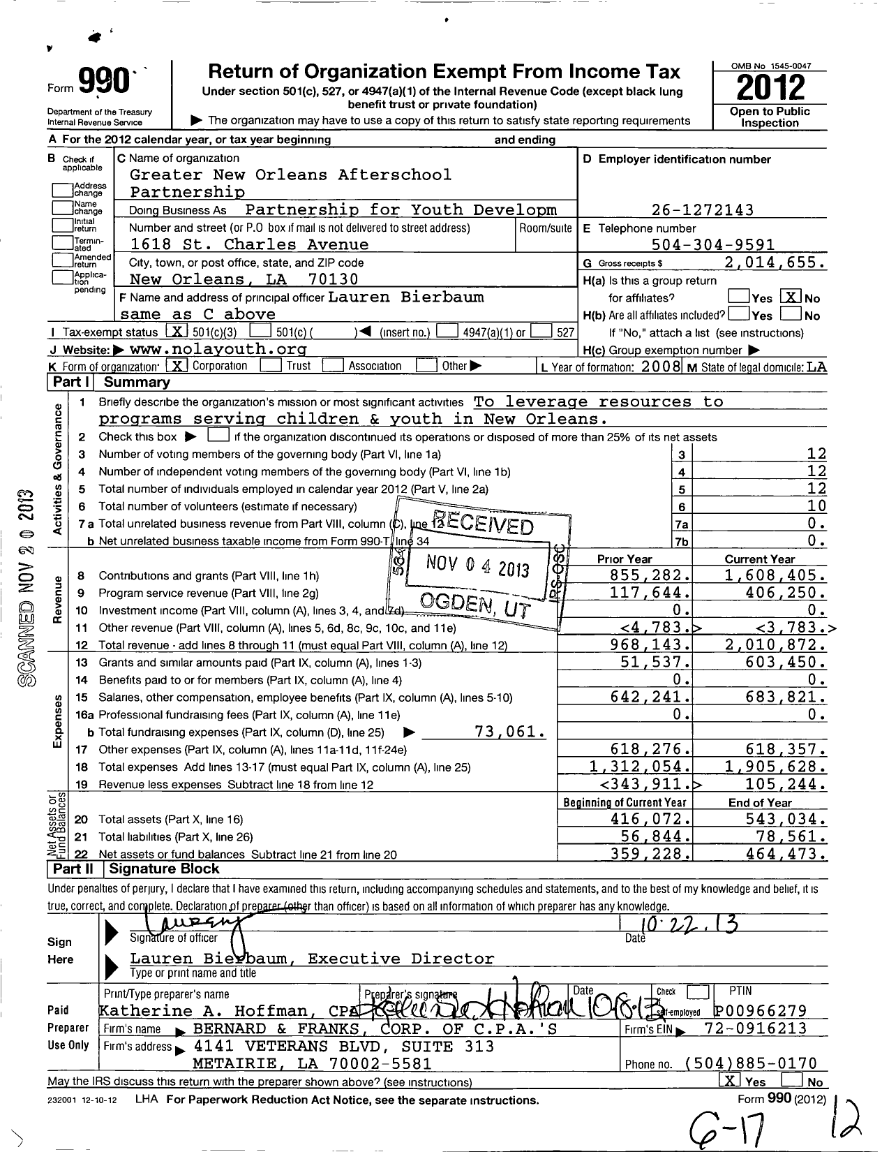 Image of first page of 2012 Form 990 for Greater New Orleans Afterschool Partnership