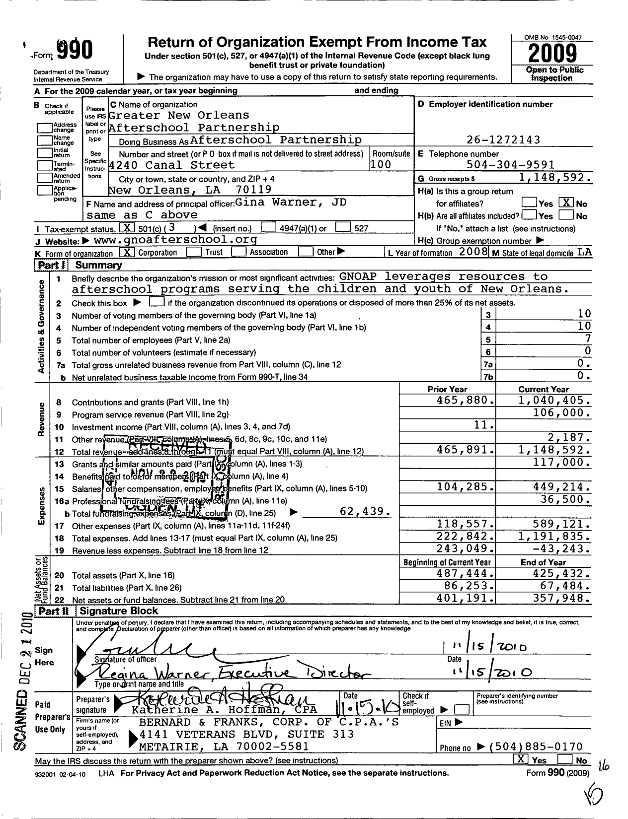 Image of first page of 2009 Form 990 for Greater New Orleans Afterschool Partnership