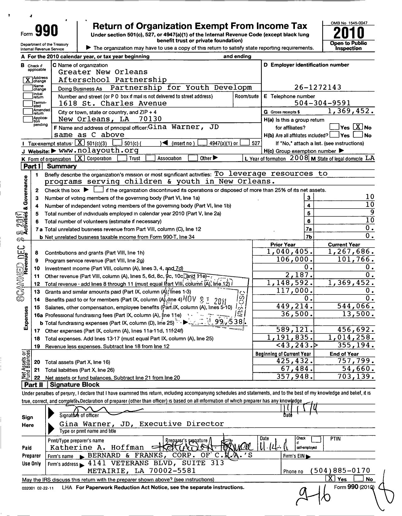 Image of first page of 2010 Form 990 for Greater New Orleans Afterschool Partnership