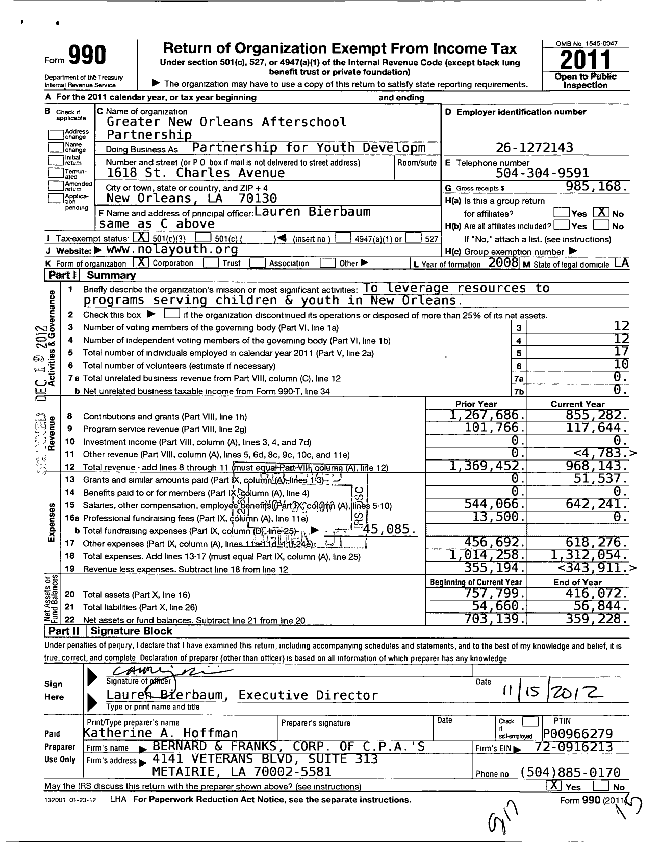 Image of first page of 2011 Form 990 for Greater New Orleans Afterschool Partnership