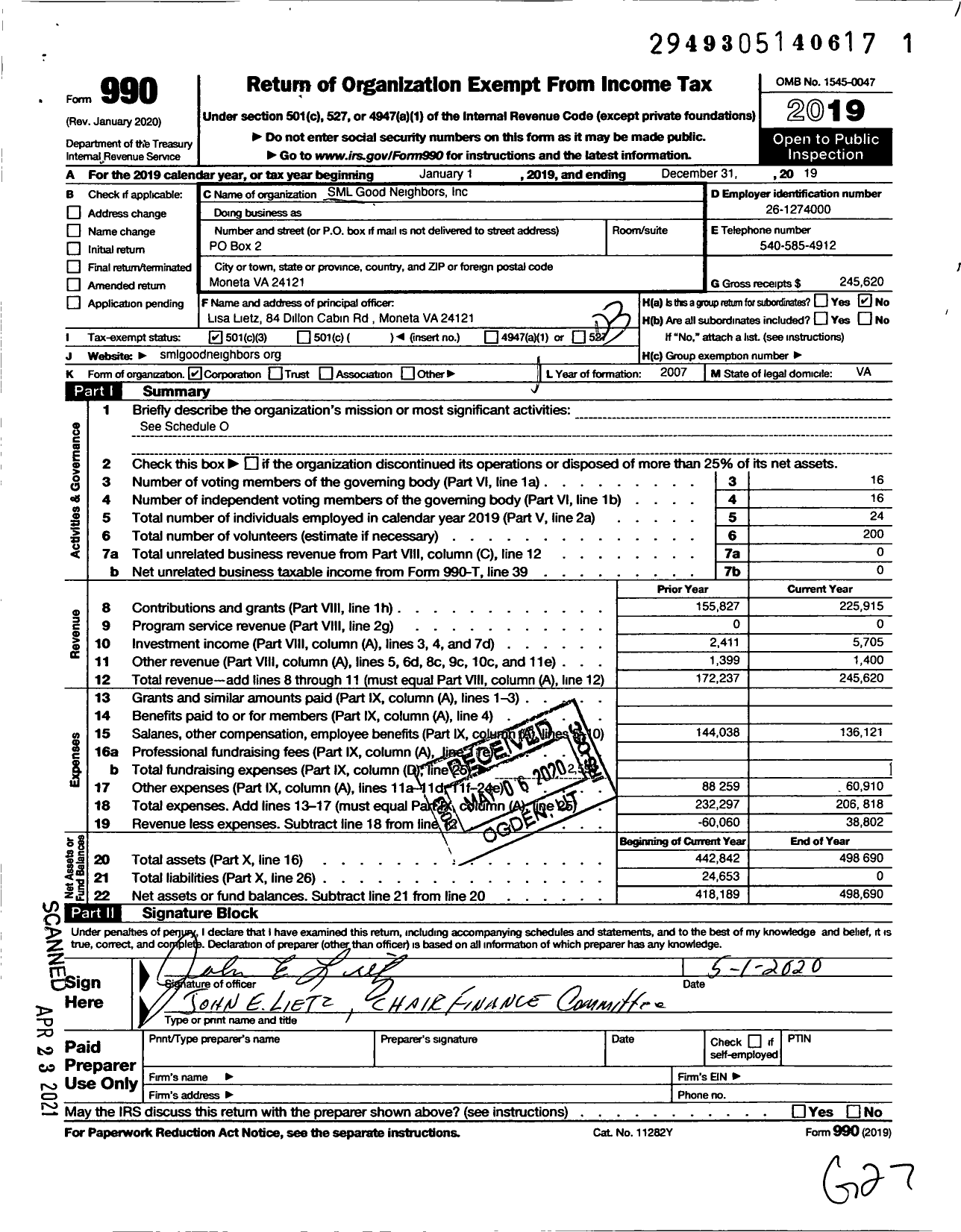 Image of first page of 2019 Form 990 for SML Good Neighbors