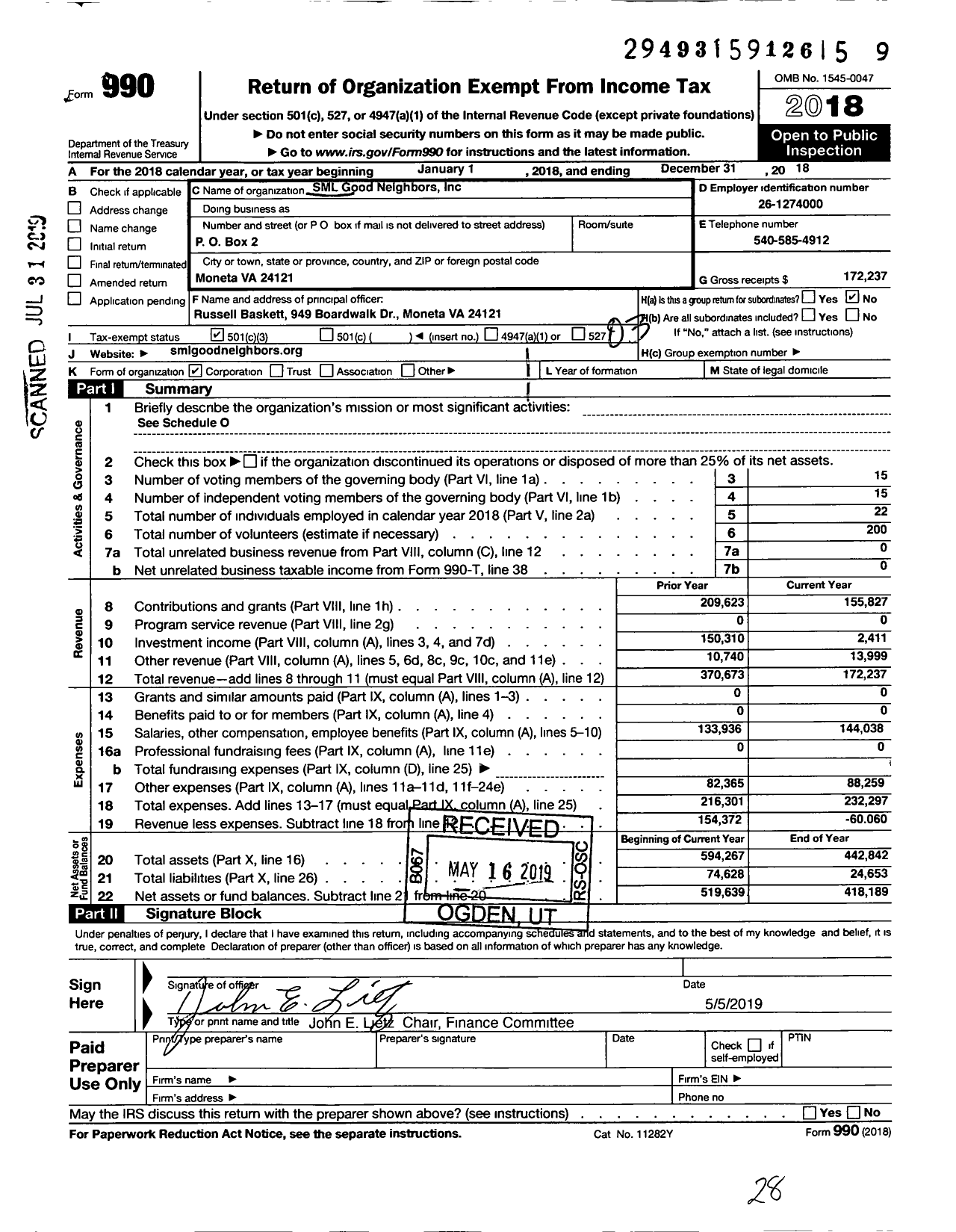 Image of first page of 2018 Form 990 for SML Good Neighbors