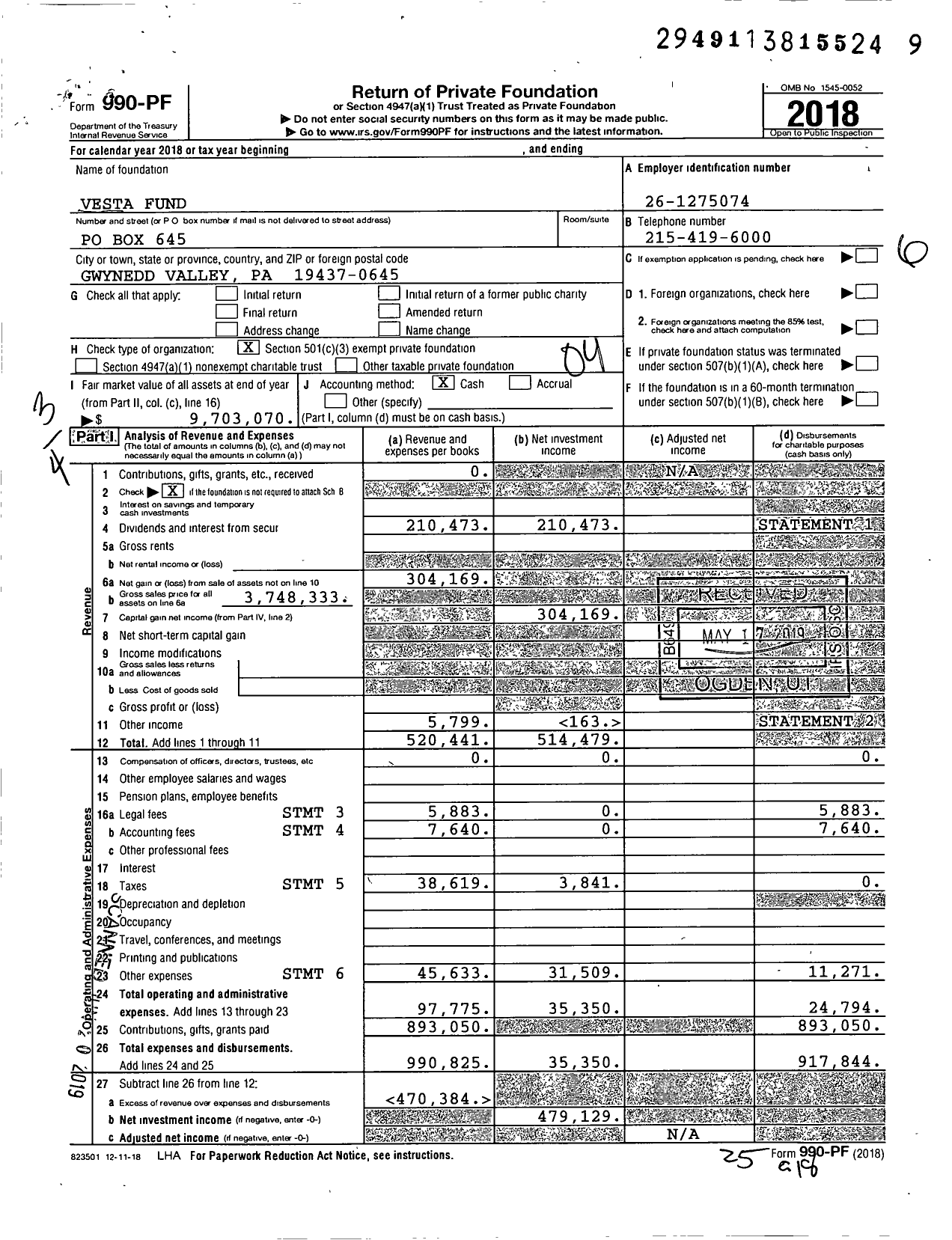 Image of first page of 2018 Form 990PF for Vesta Fund