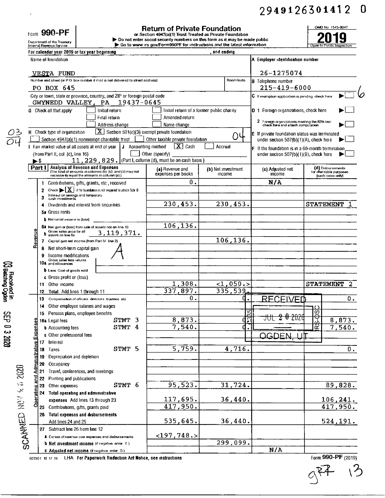 Image of first page of 2019 Form 990PF for Vesta Fund