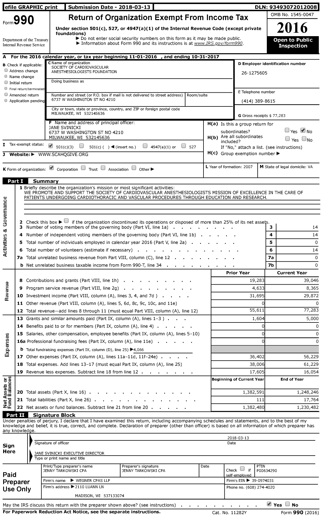 Image of first page of 2016 Form 990 for Society of Cardiovascular Anesthesiologists Foundation