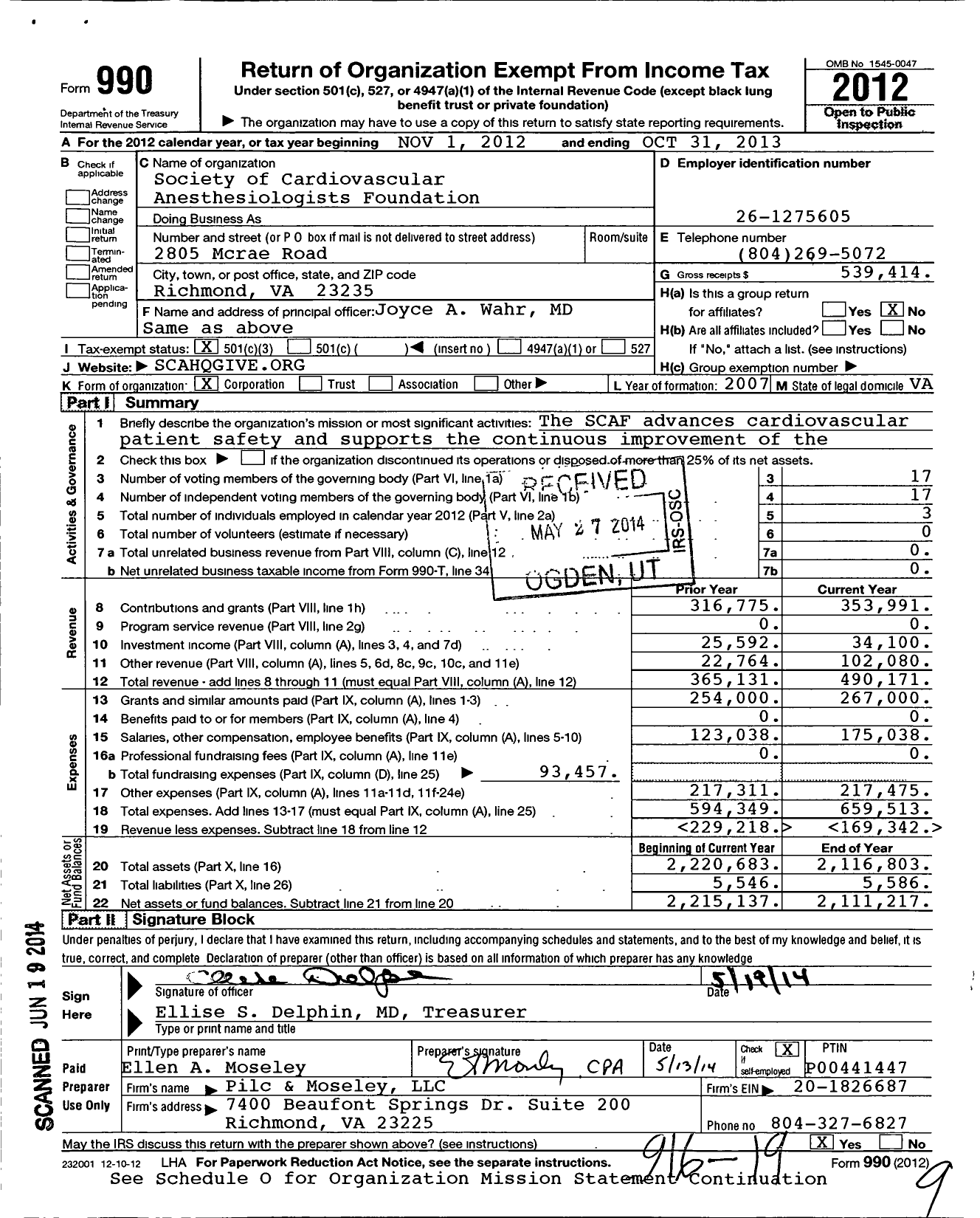 Image of first page of 2012 Form 990 for Society of Cardiovascular Anesthesiologists Foundation