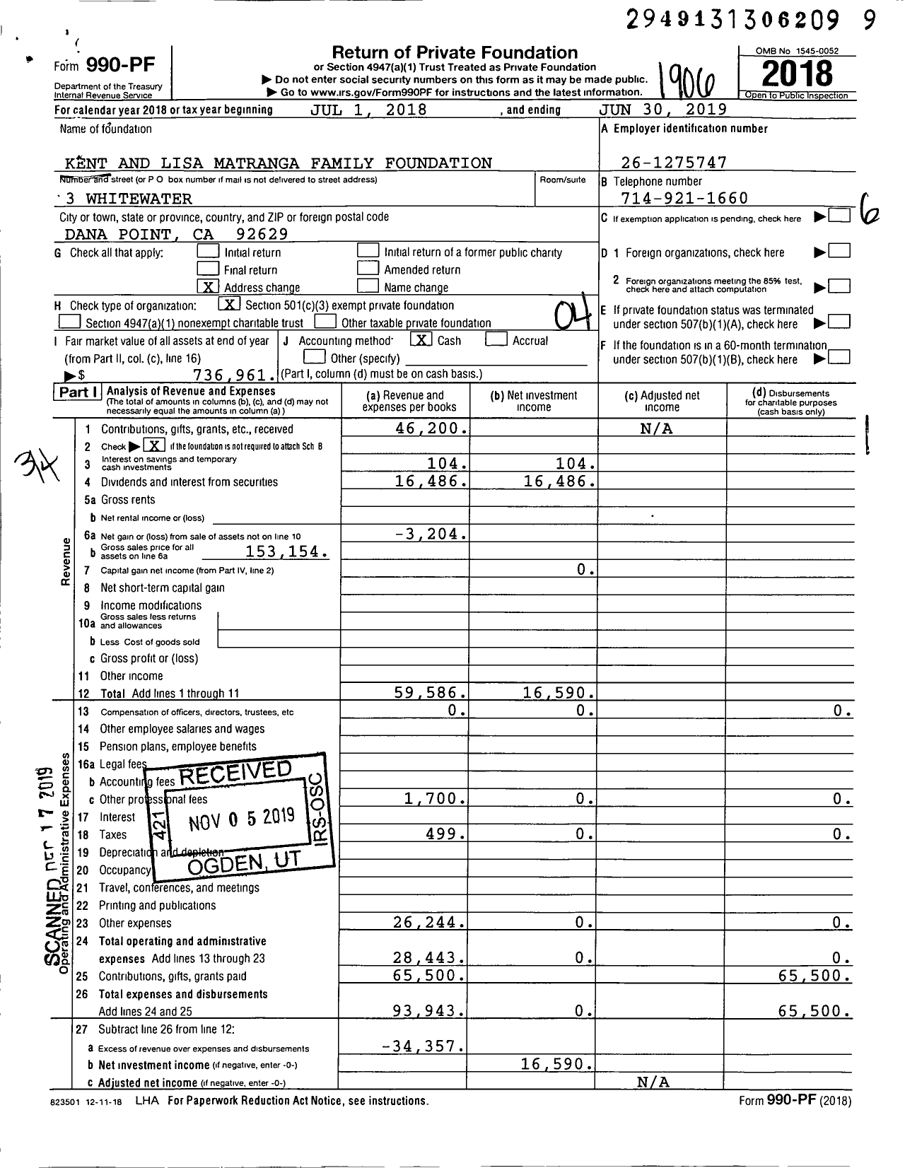 Image of first page of 2018 Form 990PF for Kent and Lisa Matranga Family Foundation