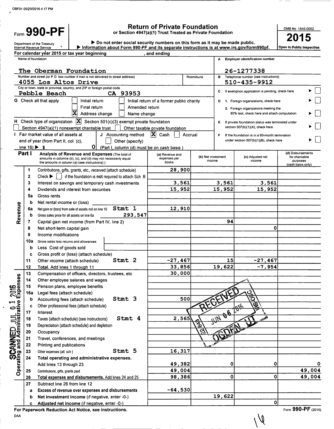 Image of first page of 2015 Form 990PF for The Oberman Foundation