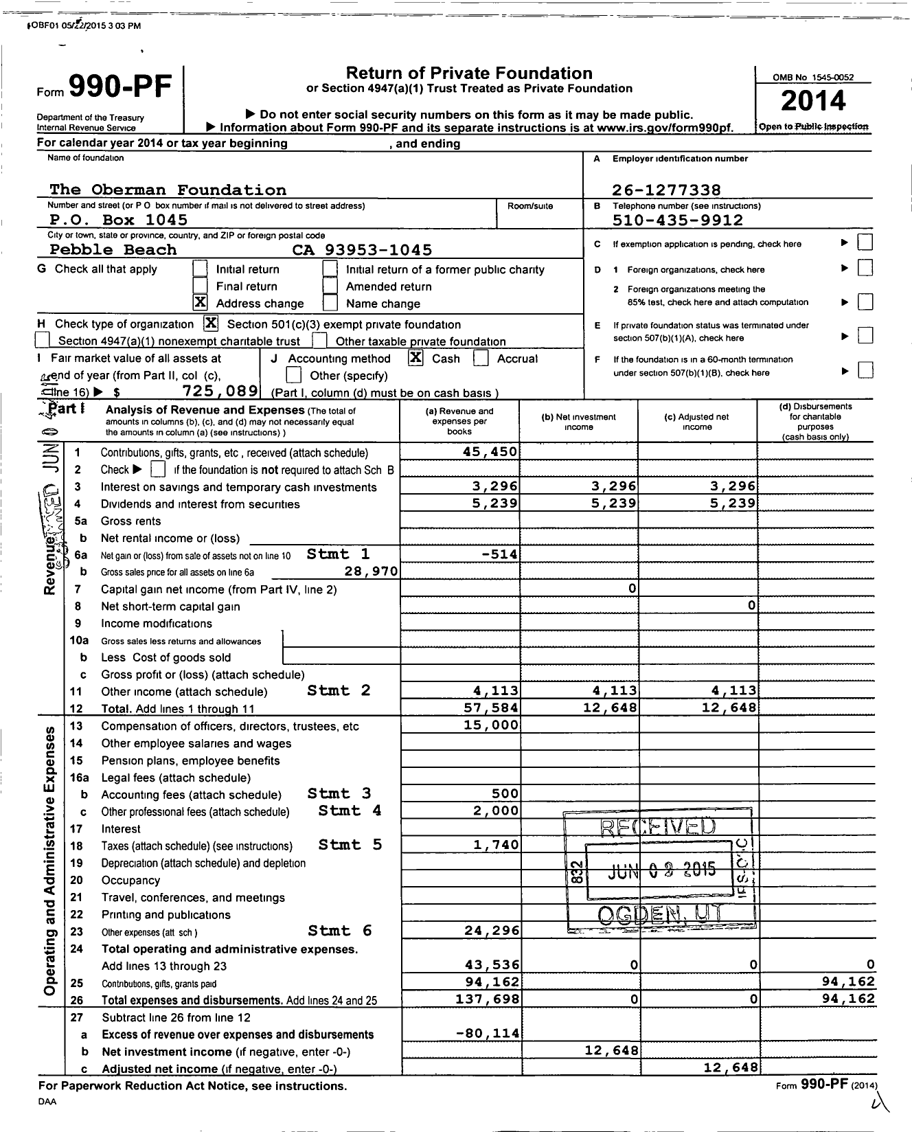 Image of first page of 2014 Form 990PF for The Oberman Foundation