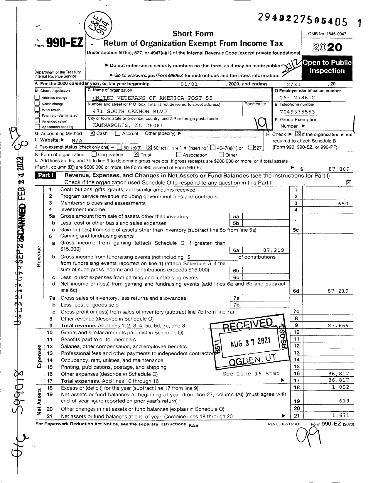 Image of first page of 2020 Form 990EO for United Veterans of America - 55 Post