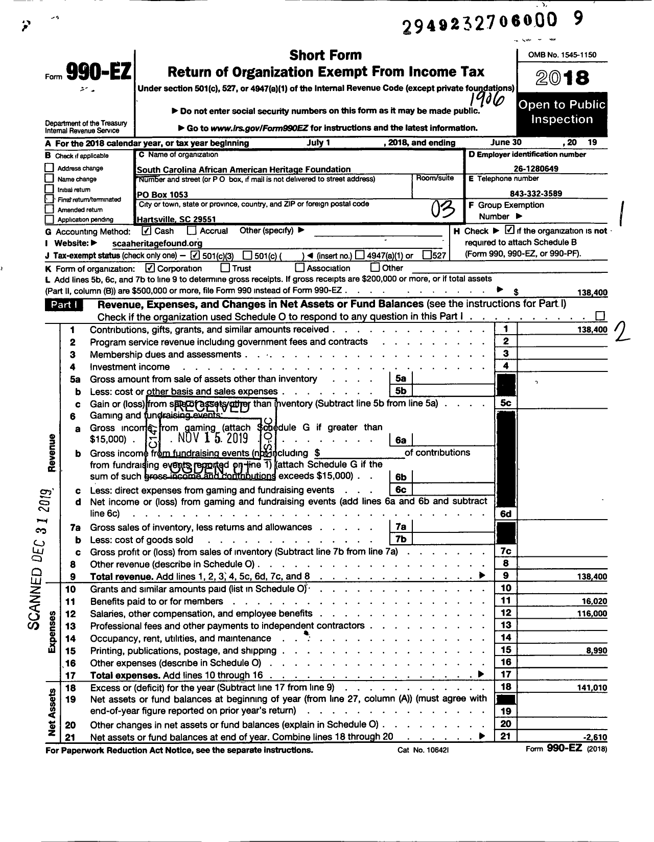 Image of first page of 2018 Form 990EZ for Wegoja Foundation