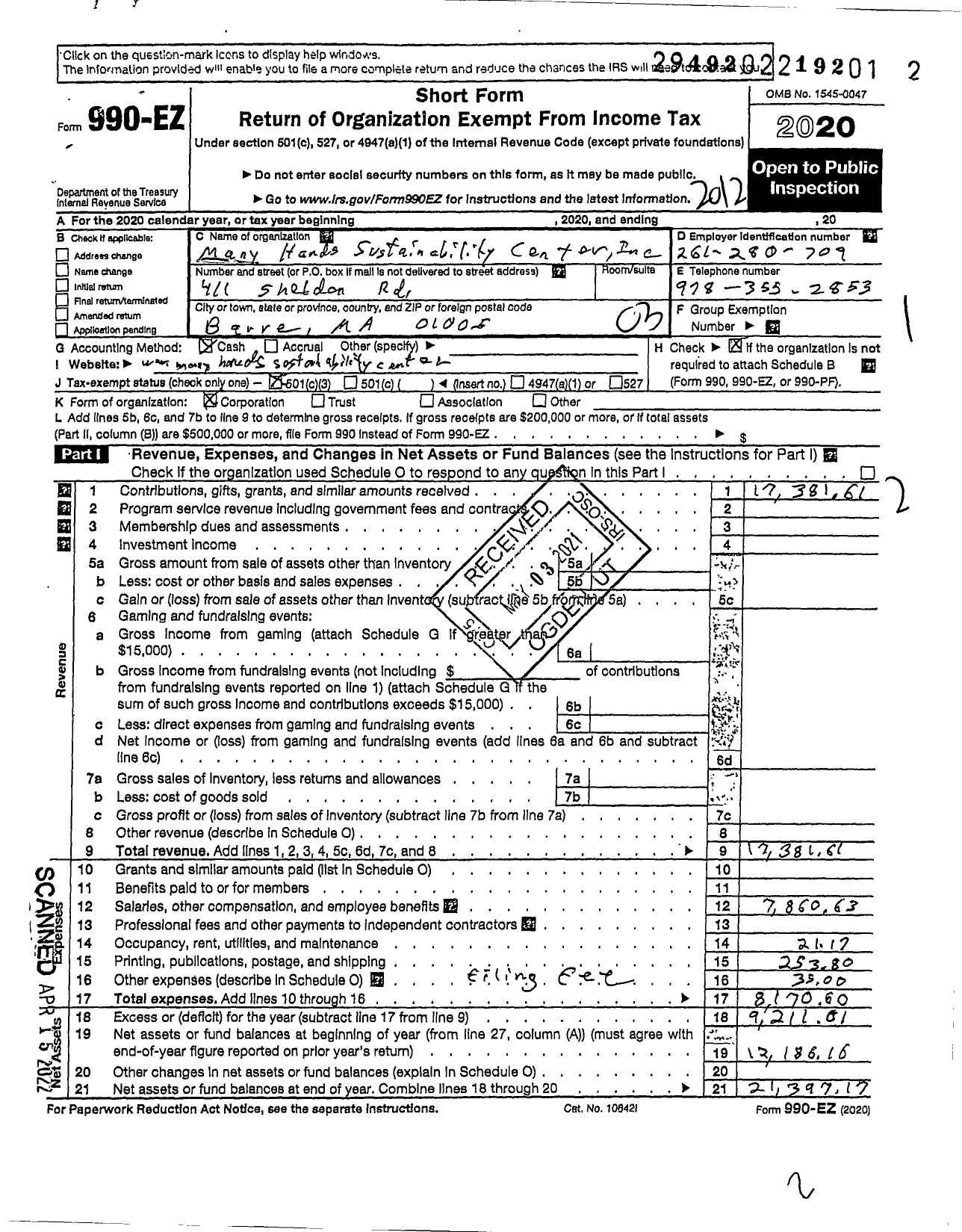 Image of first page of 2020 Form 990EZ for Many Hands Sustainability Center