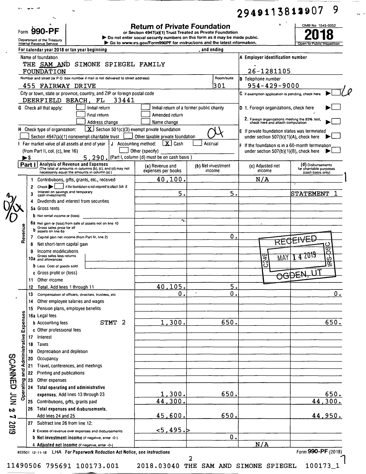 Image of first page of 2018 Form 990PF for The Sam and Simone Spiegel Family Foundation