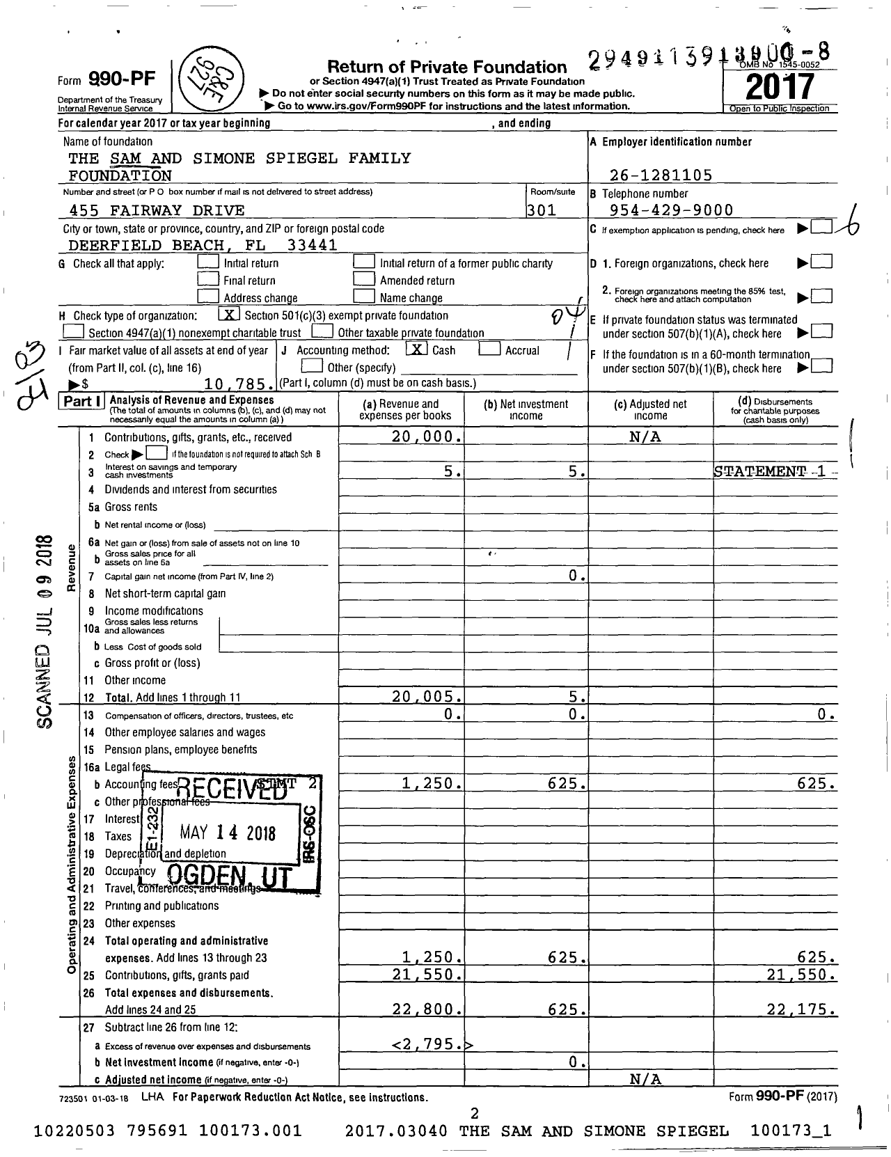 Image of first page of 2017 Form 990PF for The Sam and Simone Spiegel Family Foundation