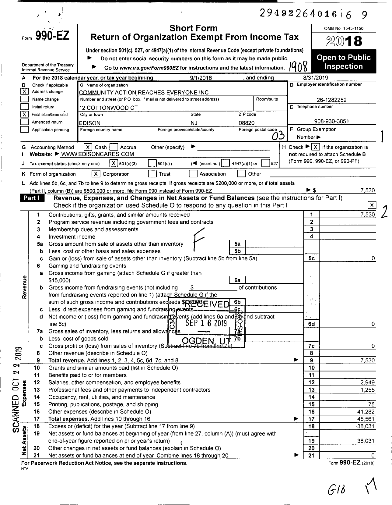 Image of first page of 2018 Form 990EZ for Community Action Reaches Everyone (CARE)