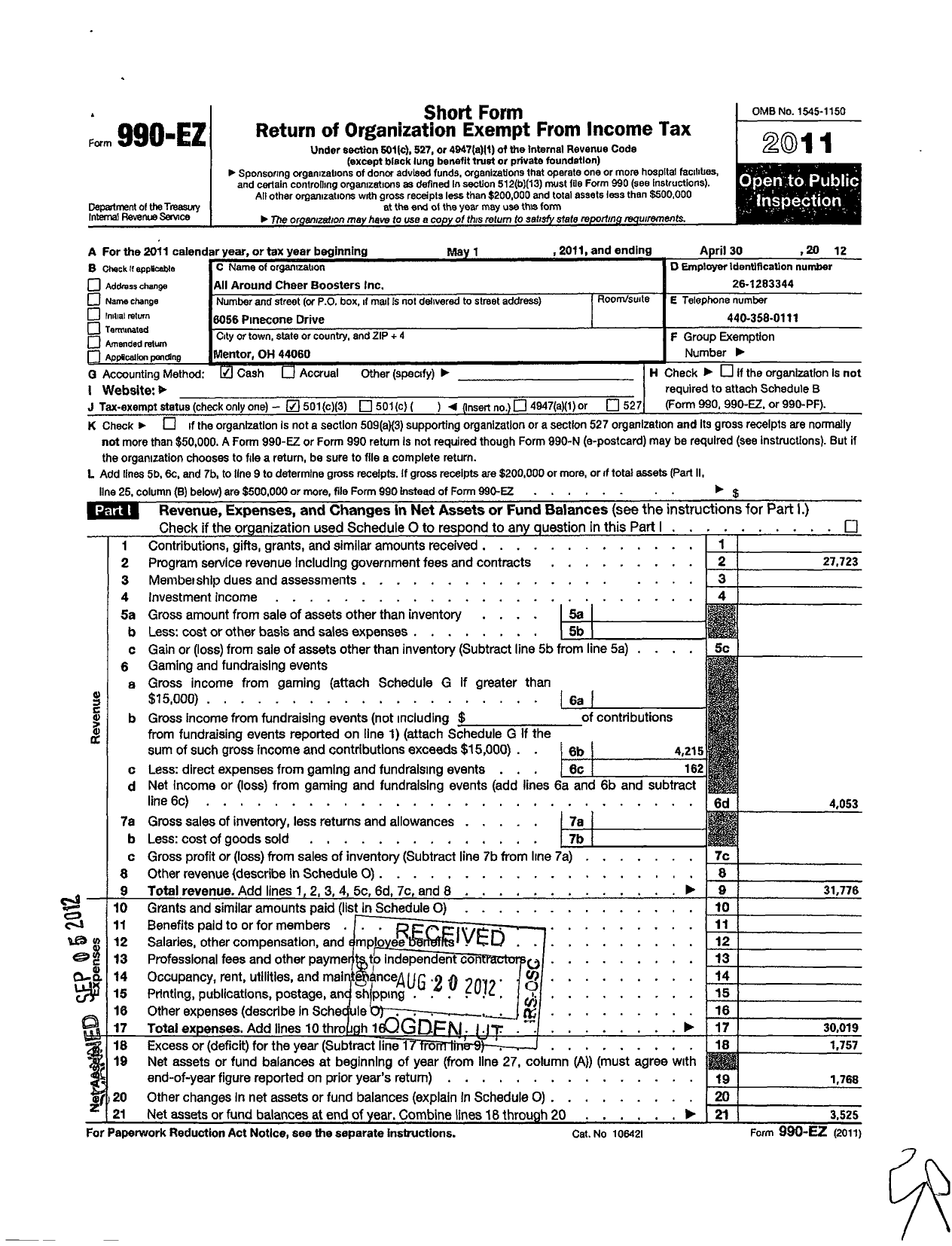 Image of first page of 2011 Form 990EZ for All Around Cheer Boosters