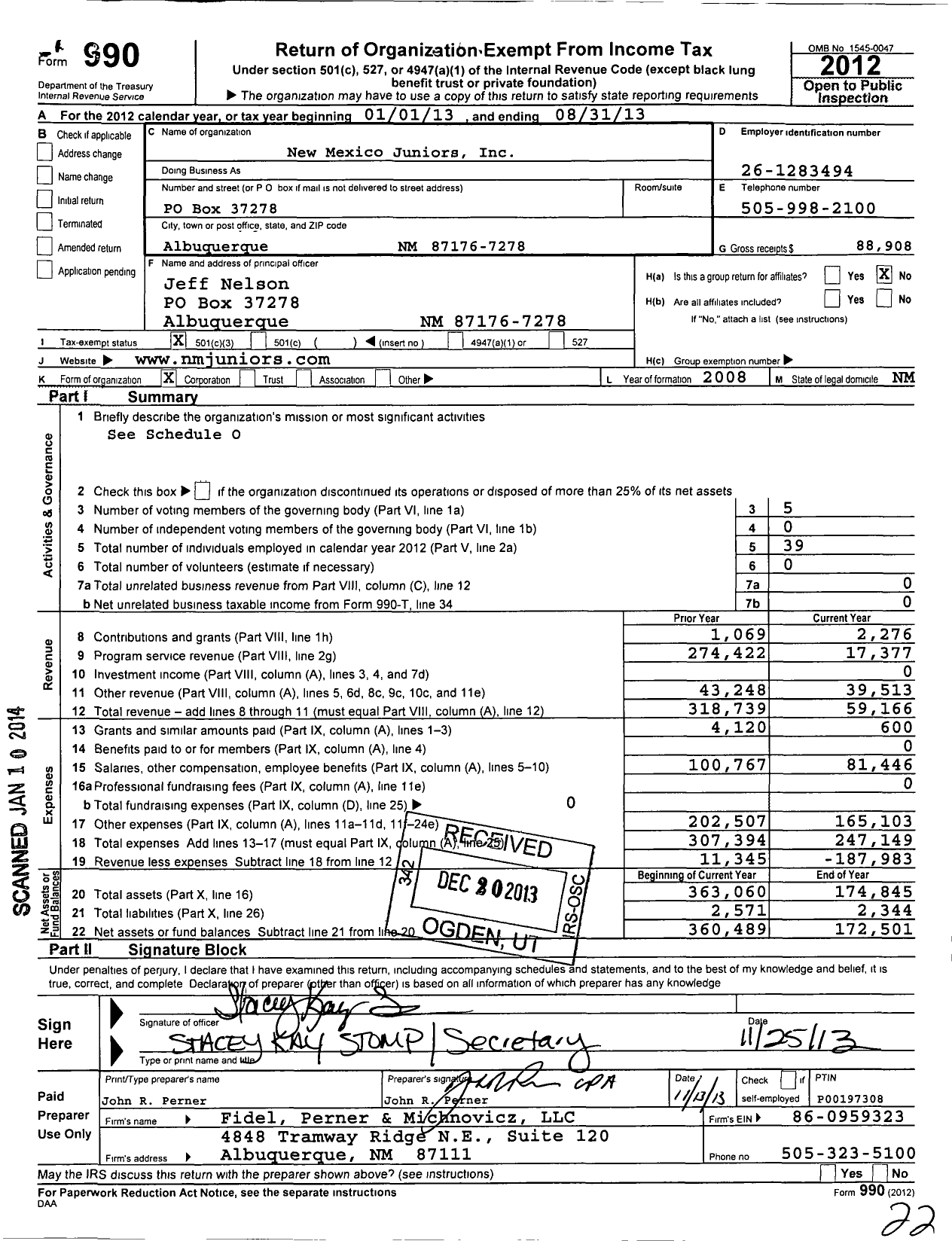 Image of first page of 2012 Form 990 for New Mexico Juniors