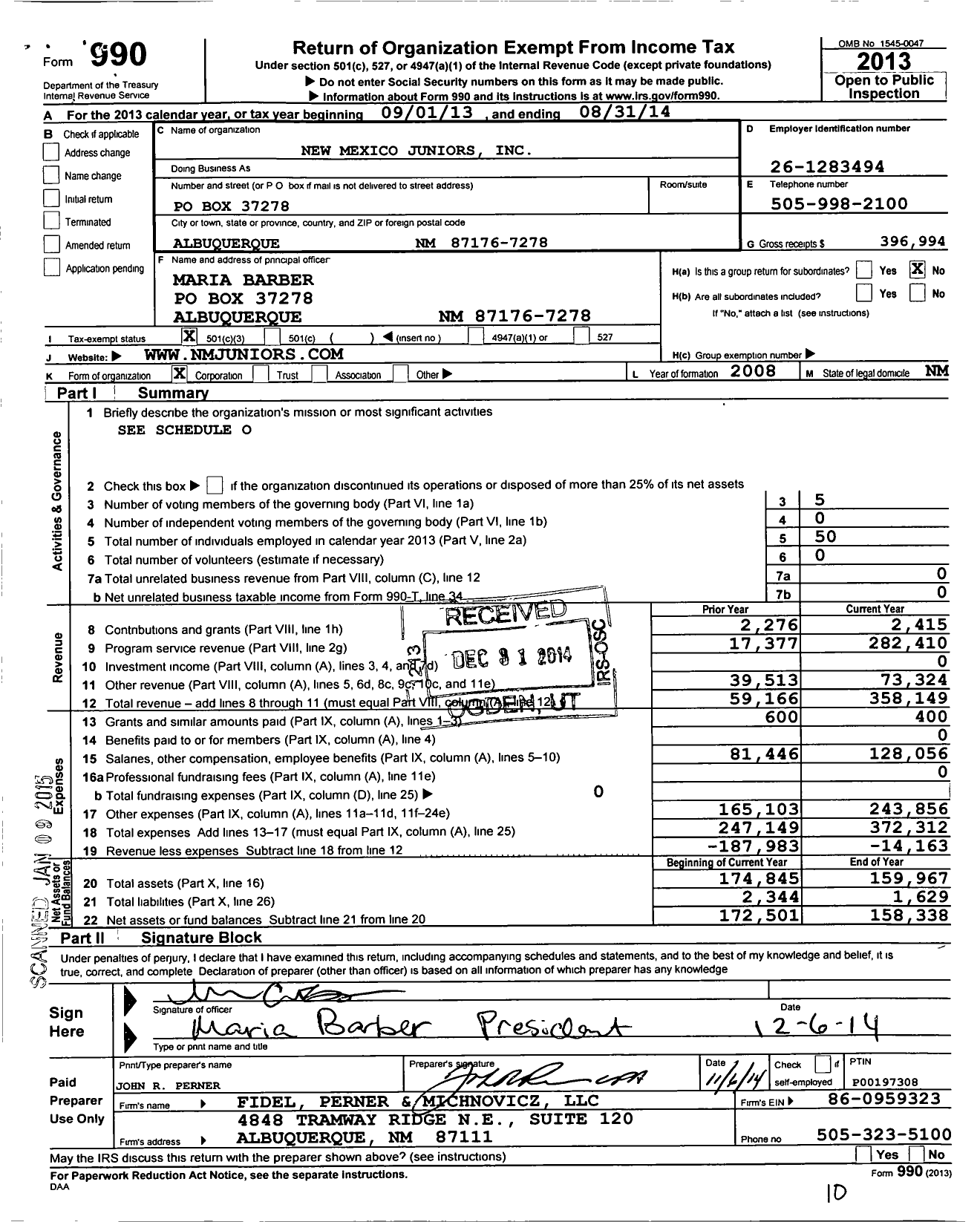 Image of first page of 2013 Form 990 for New Mexico Juniors