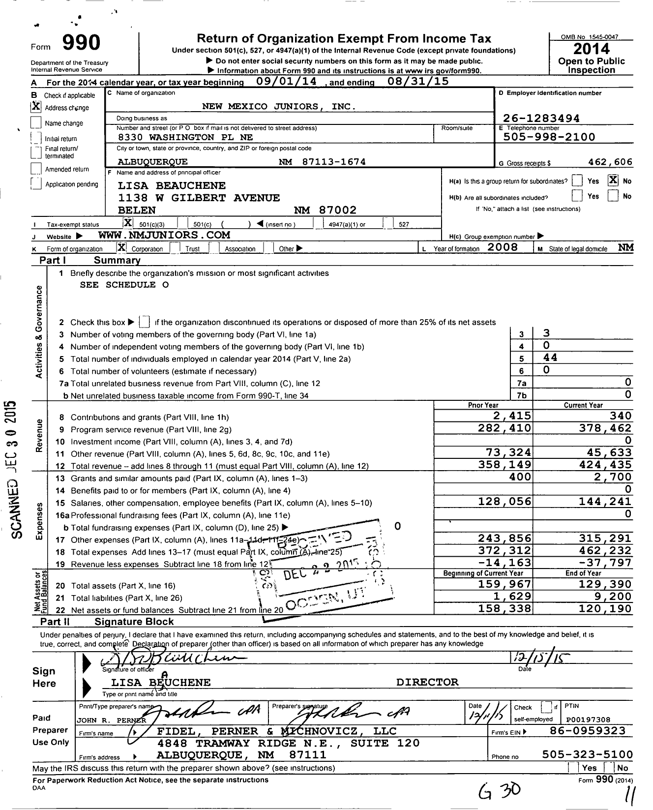 Image of first page of 2014 Form 990 for New Mexico Juniors
