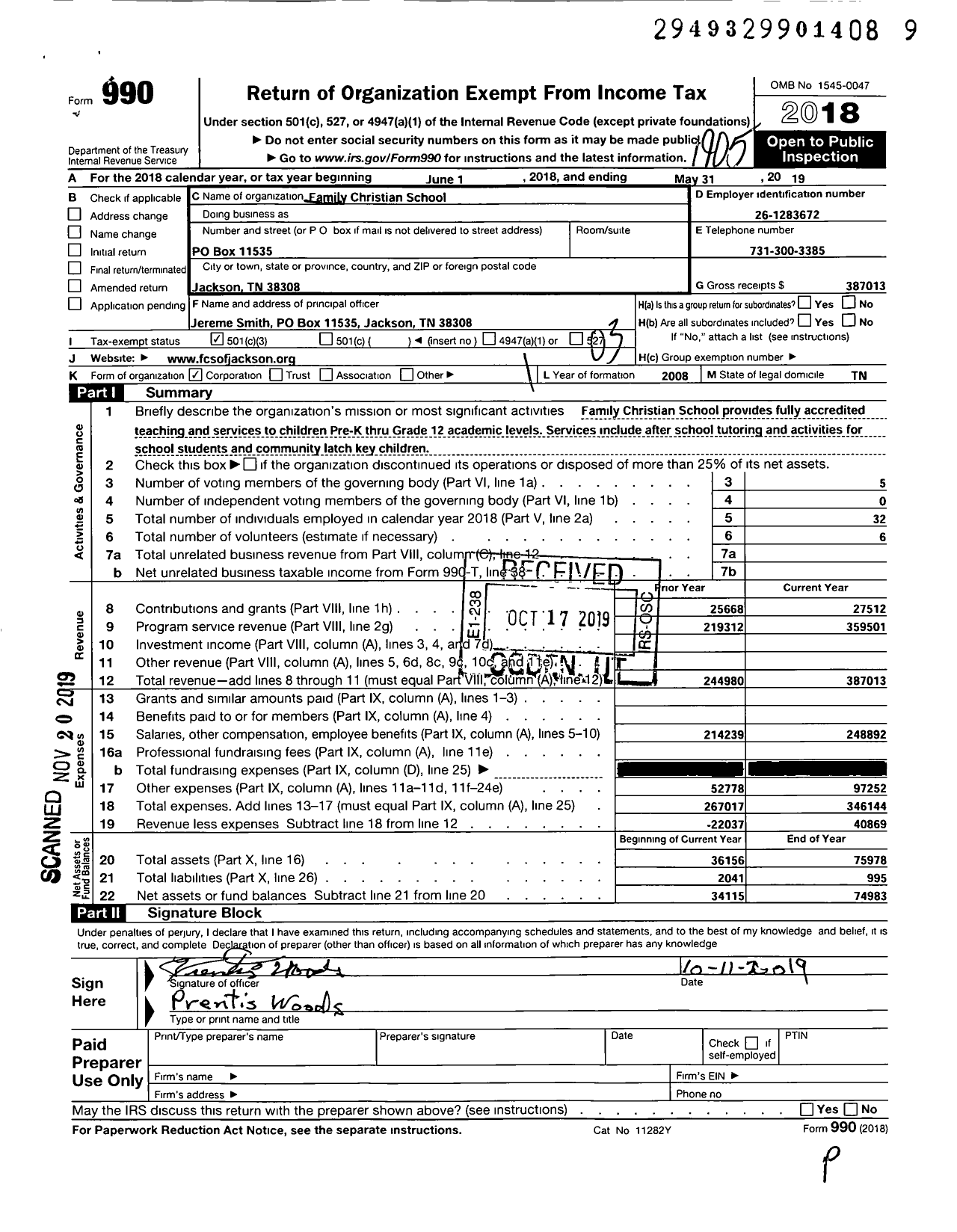 Image of first page of 2018 Form 990 for Family Christian School