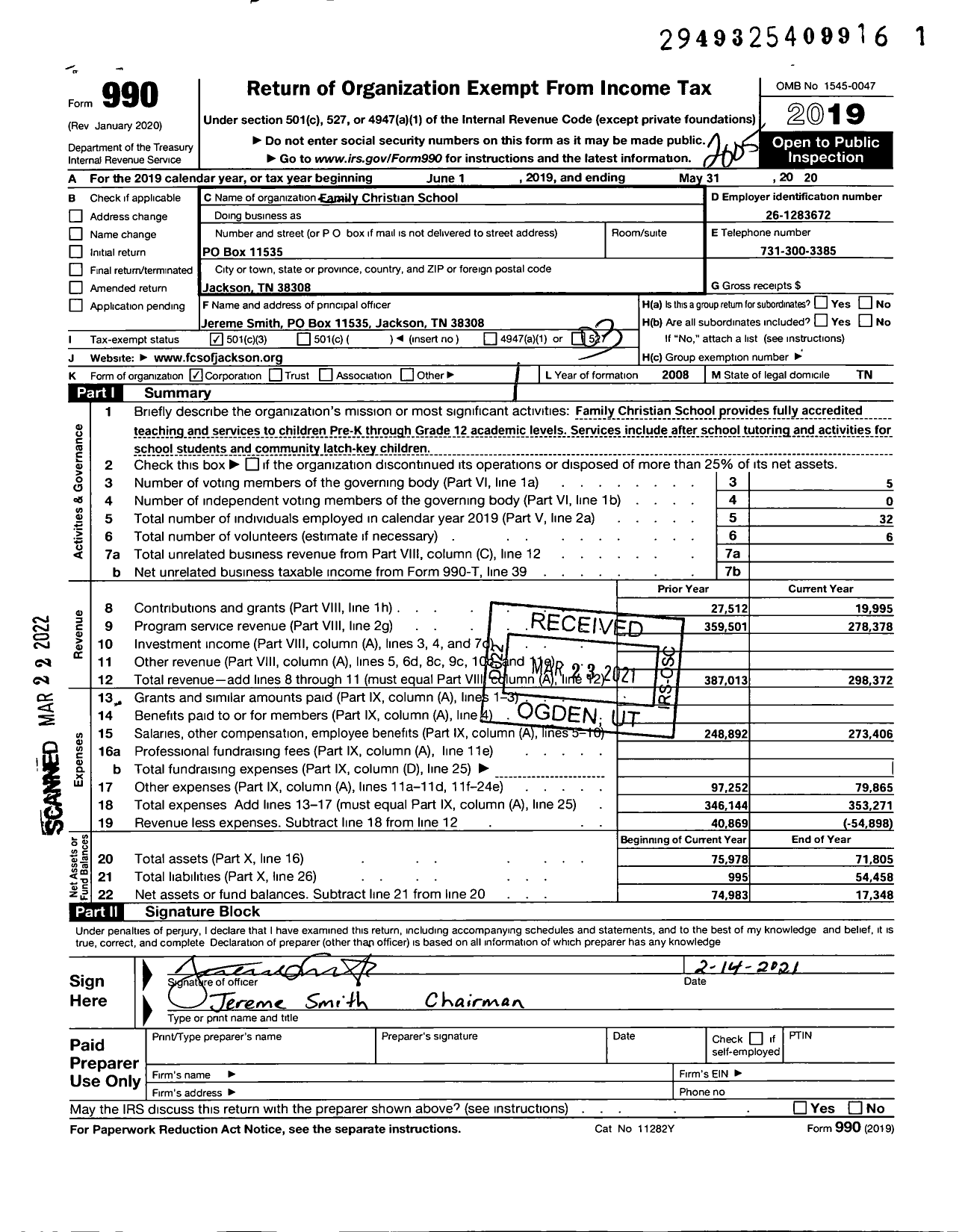 Image of first page of 2019 Form 990 for Family Christian School