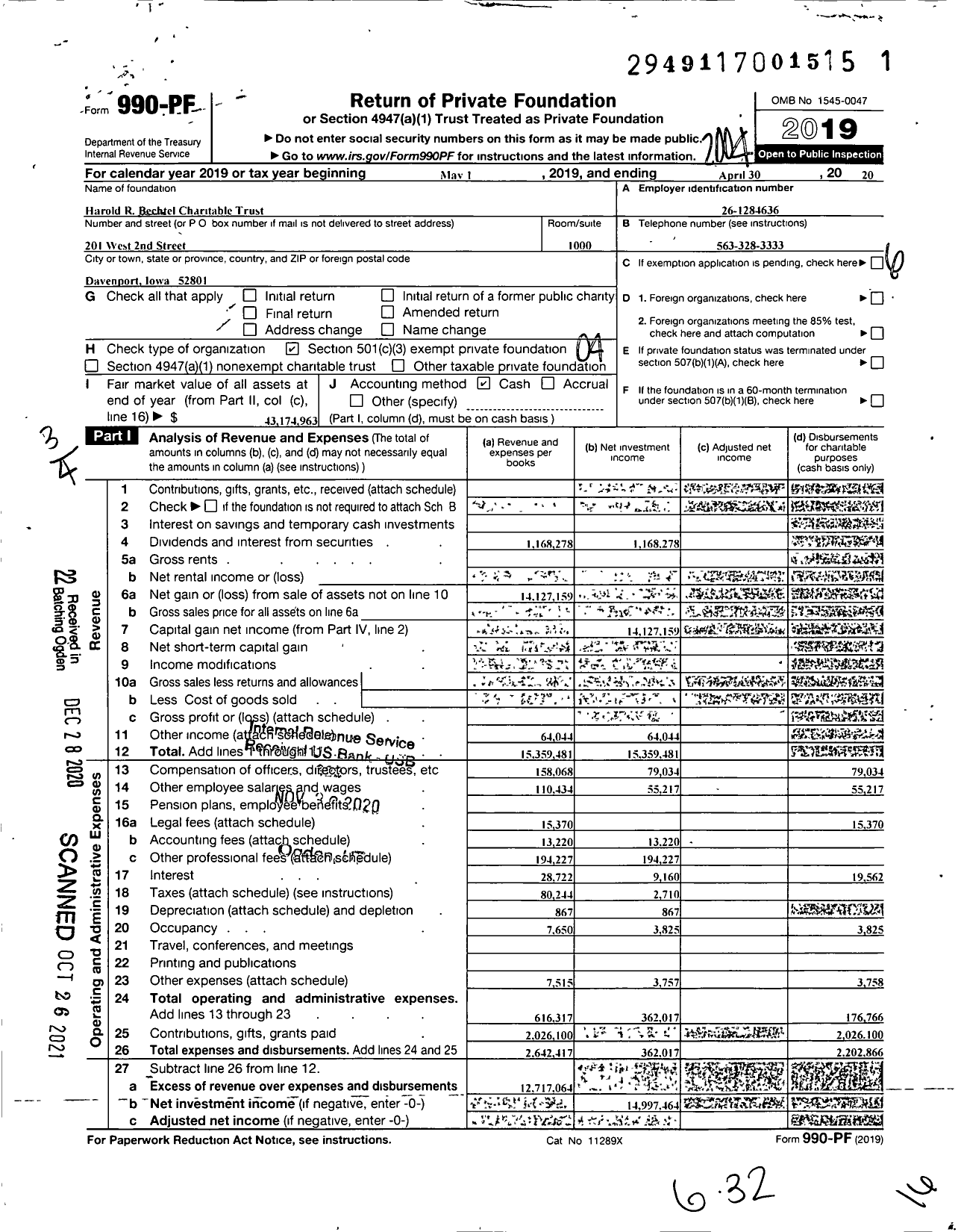 Image of first page of 2019 Form 990PF for Harold R. Bechtel Charitable Trust